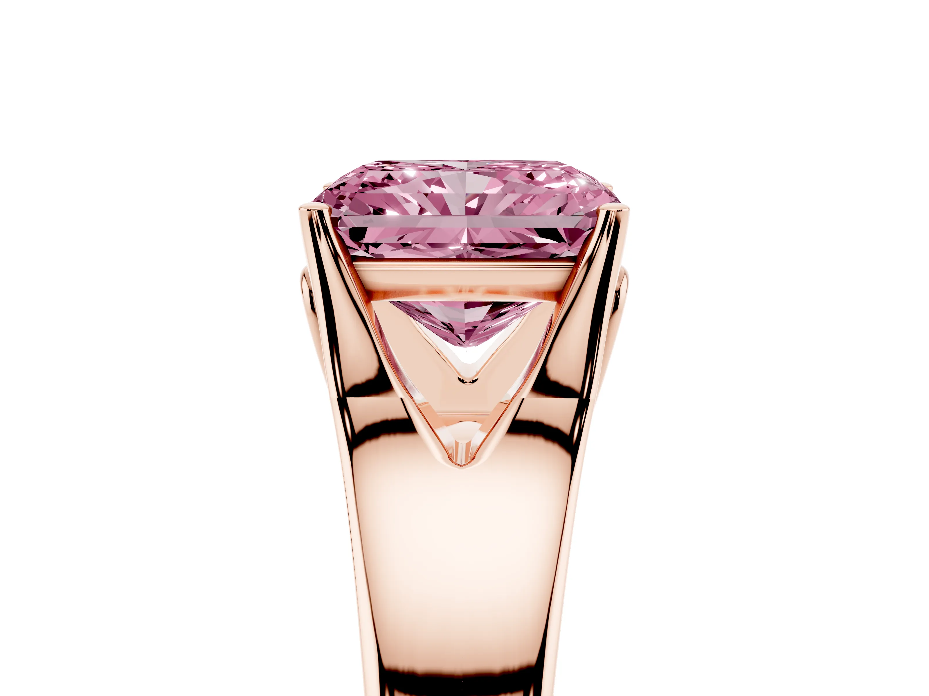 Fancy Pink Radiant Cut Diamond Solitaire Ring Set in Rose gold with Arched Cathedral Band and Prong Setting