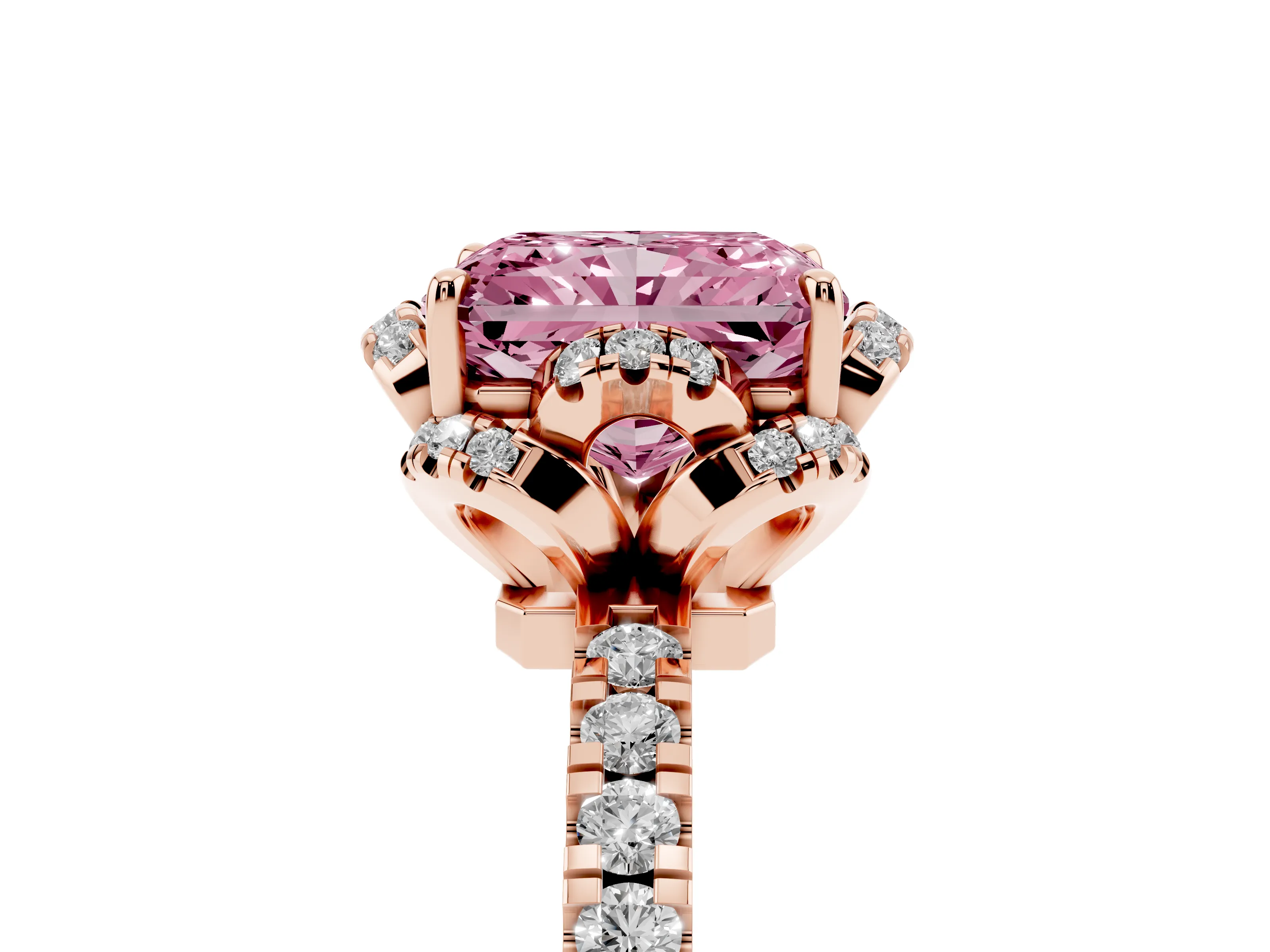 Fancy Pink Radiant Cut Diamond Halo Pavé Band Ring Set in Rose gold with Prong-Held Center