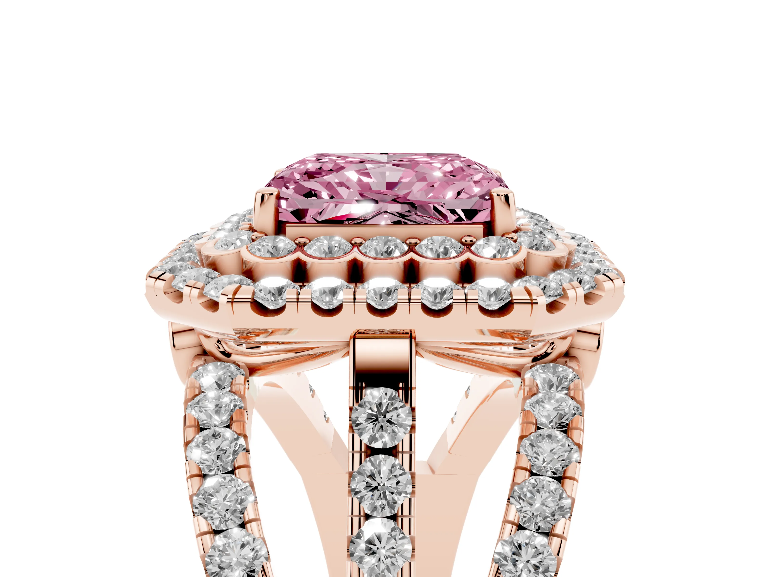 Fancy Pink Radiant Cut Diamond Double Halo Ring Set in Rose gold with Round Pavé Split Shank