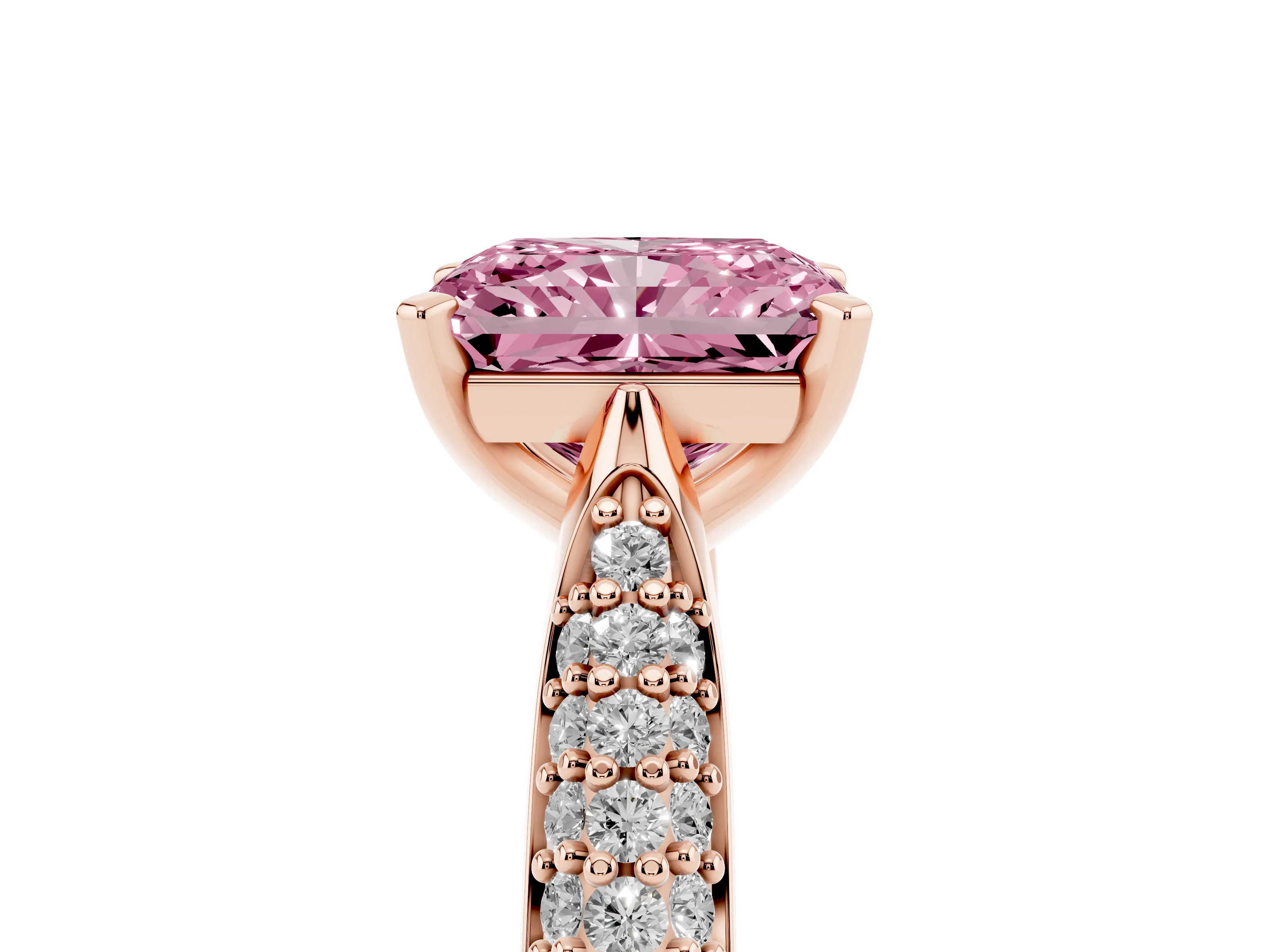 Fancy Pink Radiant Cut Diamond Solitaire Engagement Ring Set in Rose gold with Multi-Row Round Pavé Band and Prong Setting