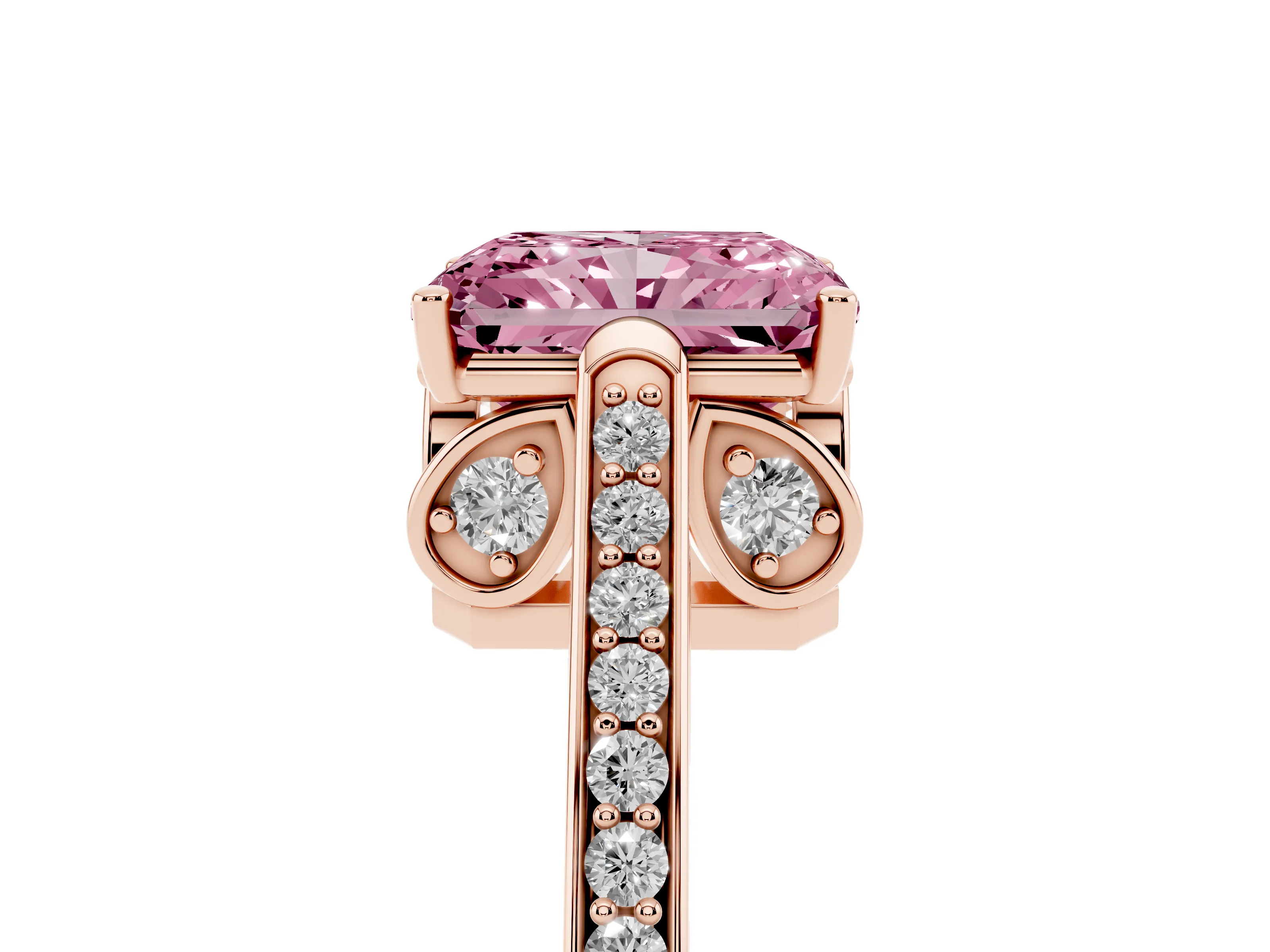 Fancy Pink Radiant Cut Diamond Cathedral Pavé Engagement Ring Set in Rose gold with Prong Setting