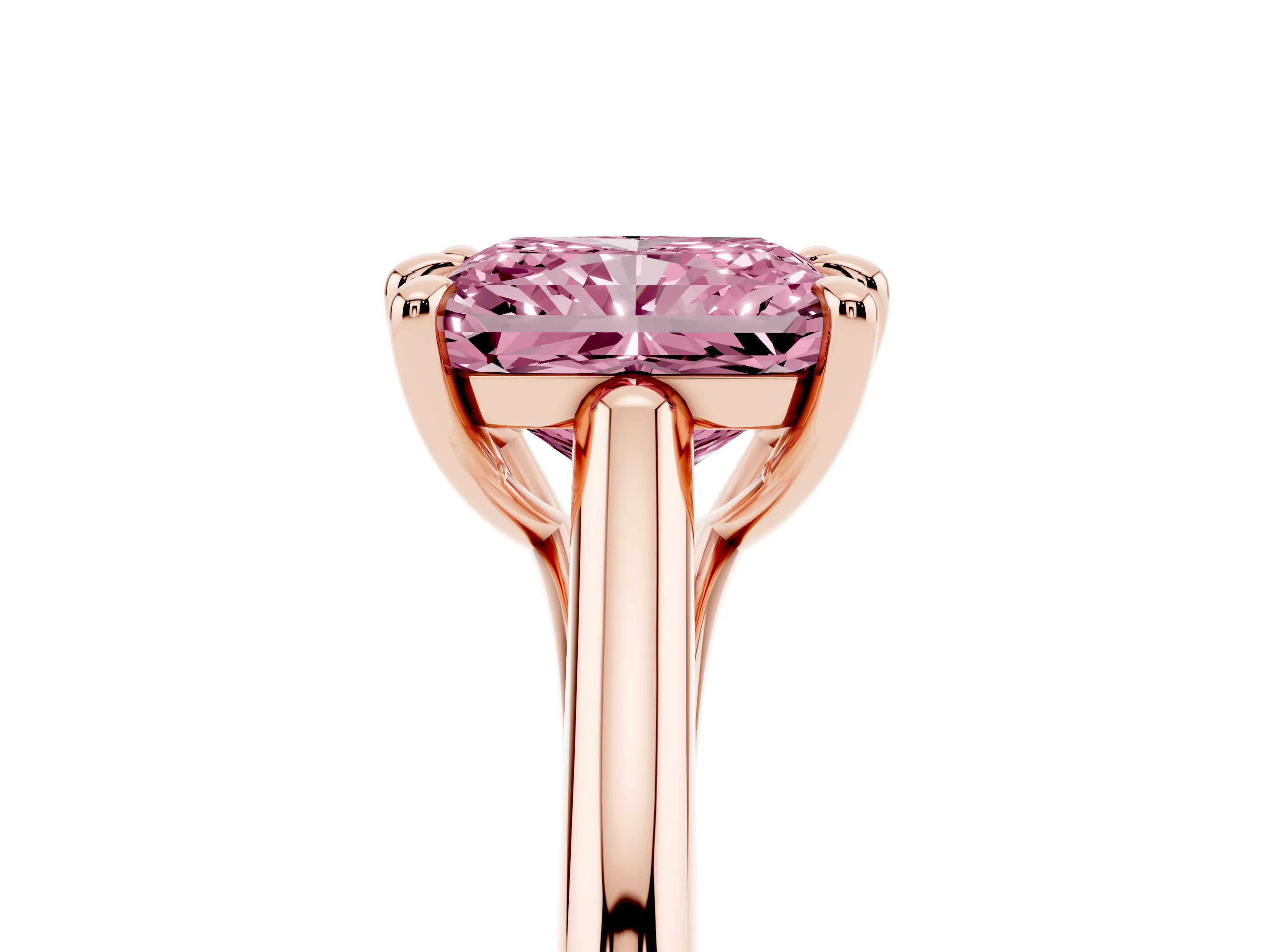 Fancy Pink Radiant Cut Diamond Solitaire Engagement Ring Set in Rose gold with Prong Setting and Plain Classic Band