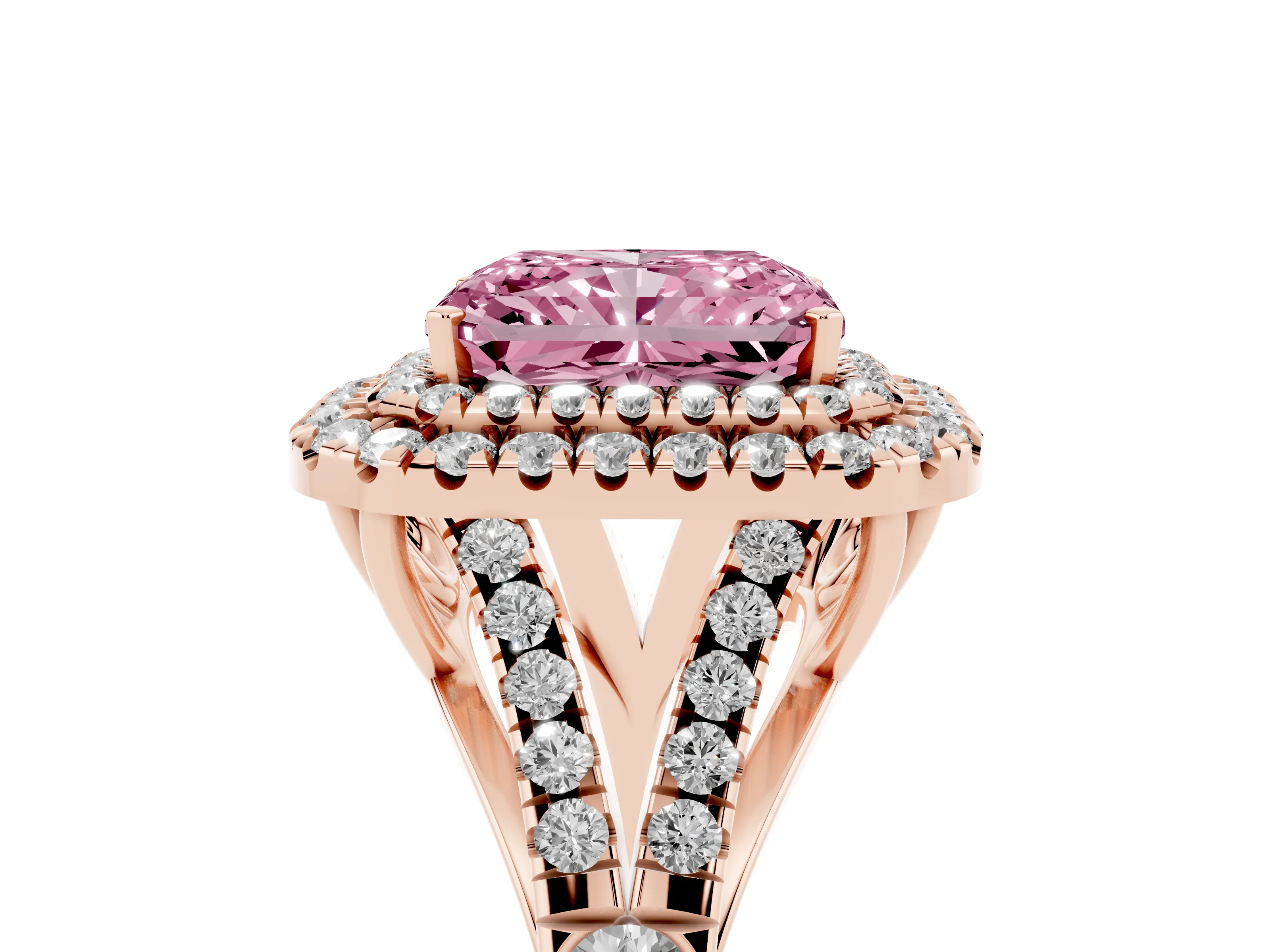 Fancy Pink Radiant Cut Diamond Pavé Split Shank Double Halo Engagement Ring Set in Rose gold