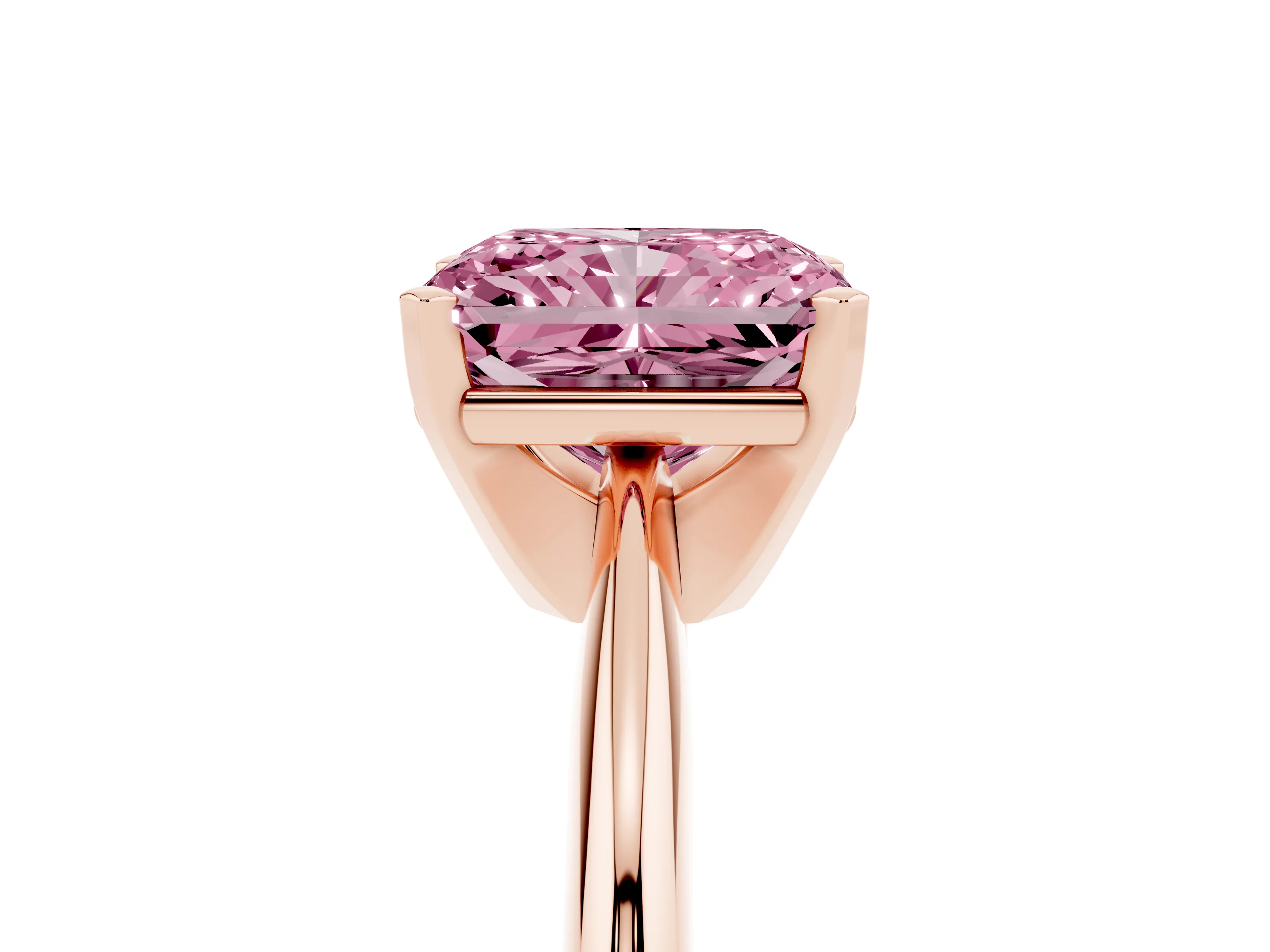 Fancy Pink Radiant Cut Diamond Solitaire Ring Set in Rose gold with Prong Setting on a Plain Round Band