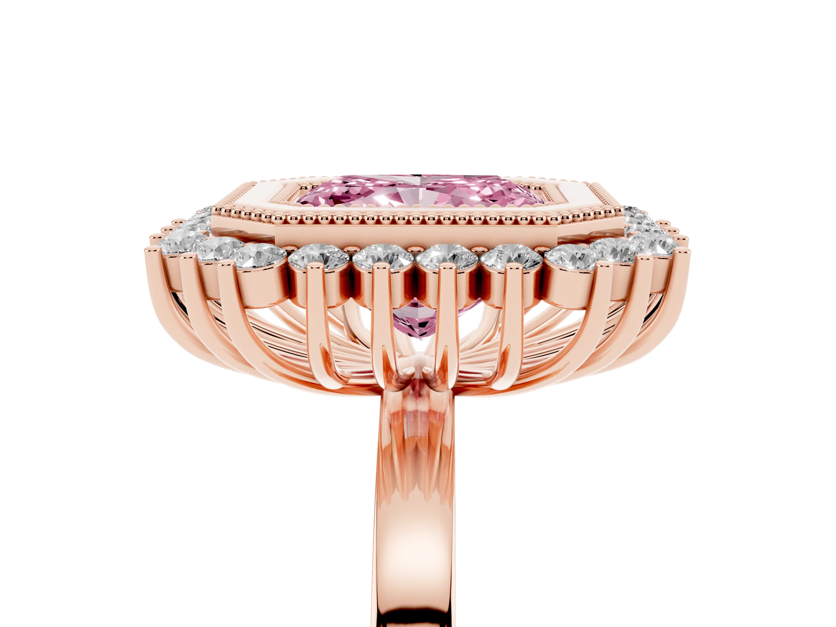Fancy Pink Radiant Cut Diamond Halo Ring Set in Rose gold with Milgrain Edge and Round Prong Setting