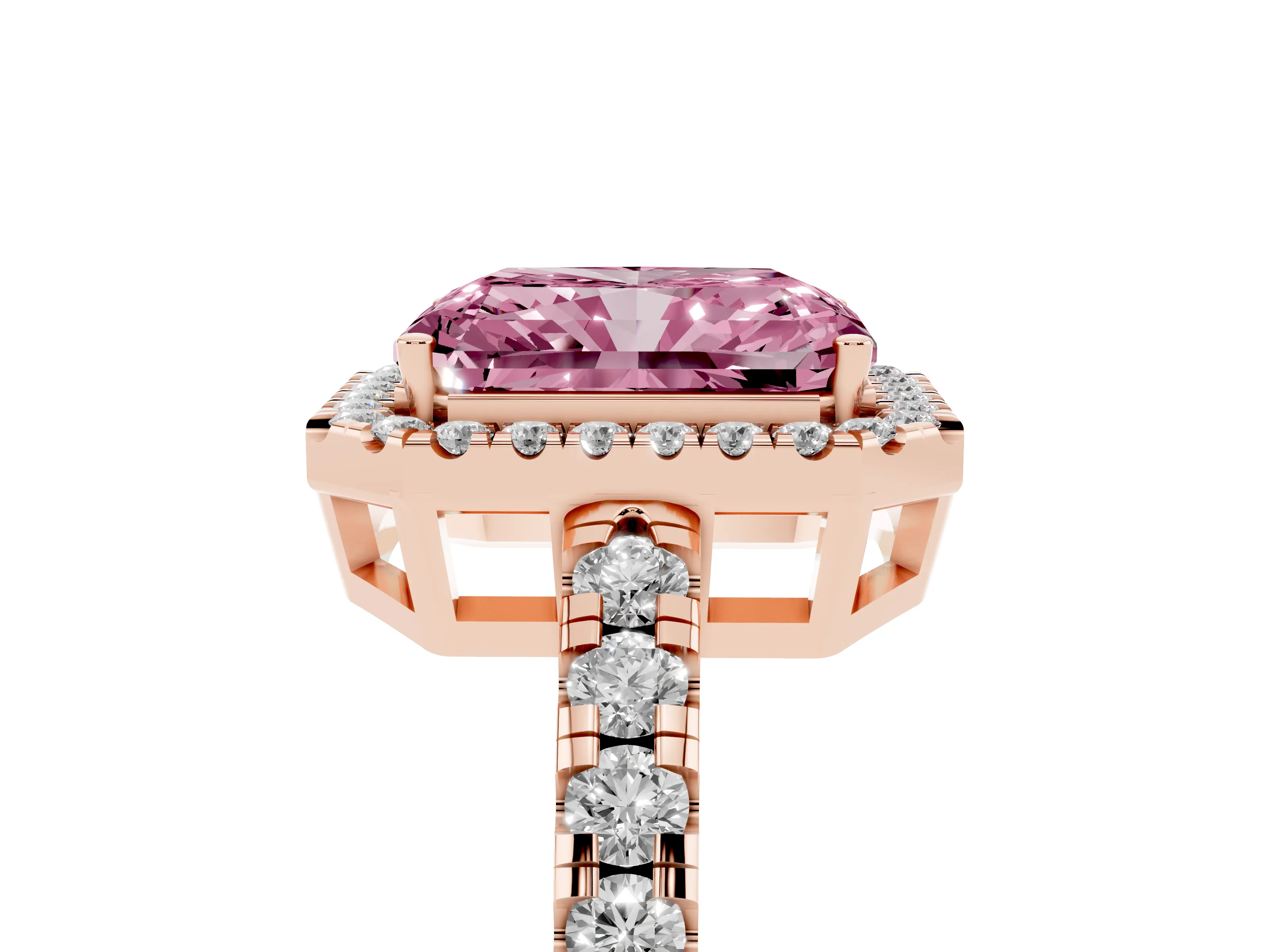 Fancy Pink Radiant Cut Diamond Halo Ring Set in Rose gold with Delicate Pavé Band and Prong Setting