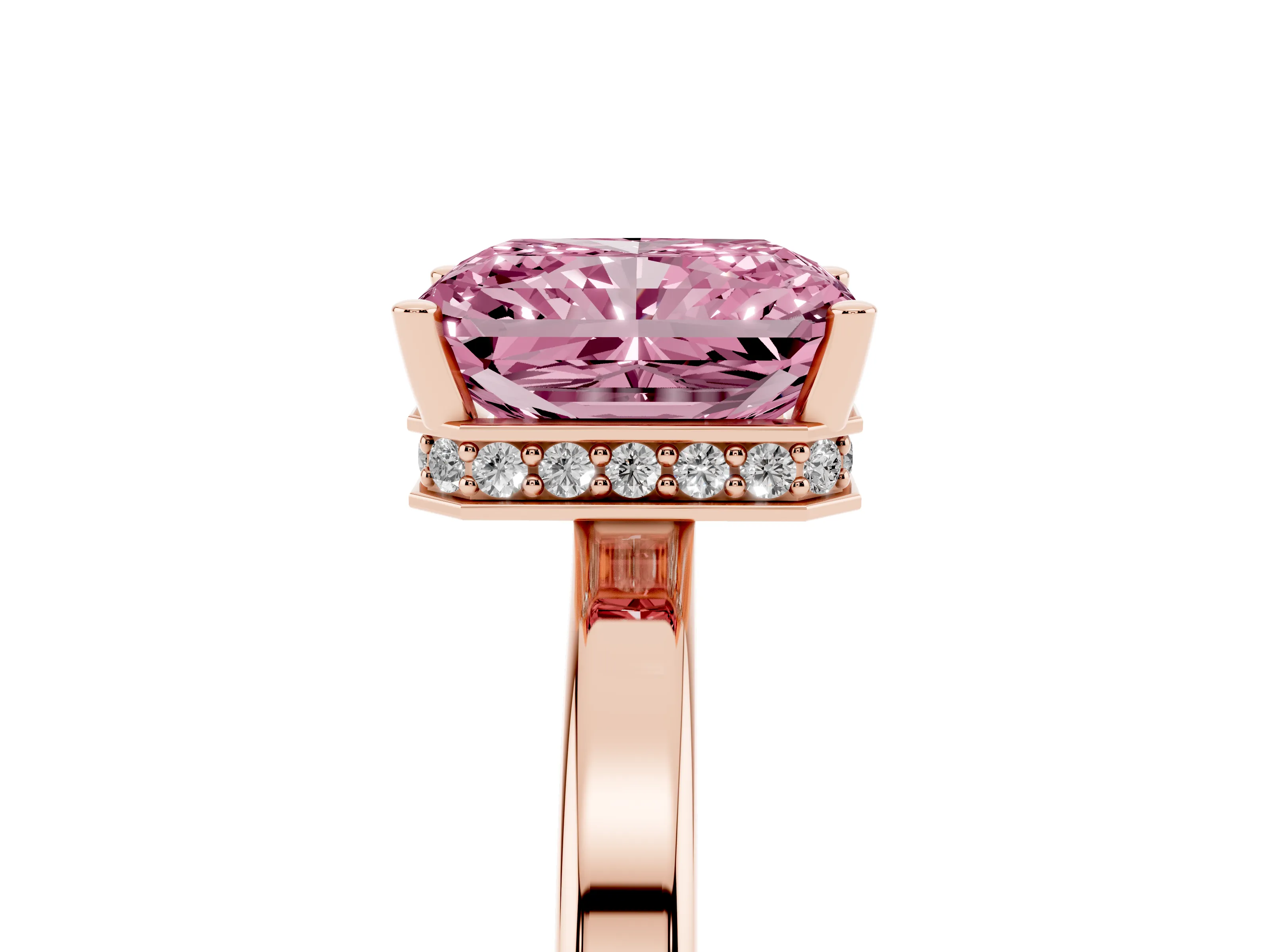 Fancy Pink Radiant Cut Diamond Solitaire Engagement Ring Set in Rose gold with Prong Setting on a Plain Band