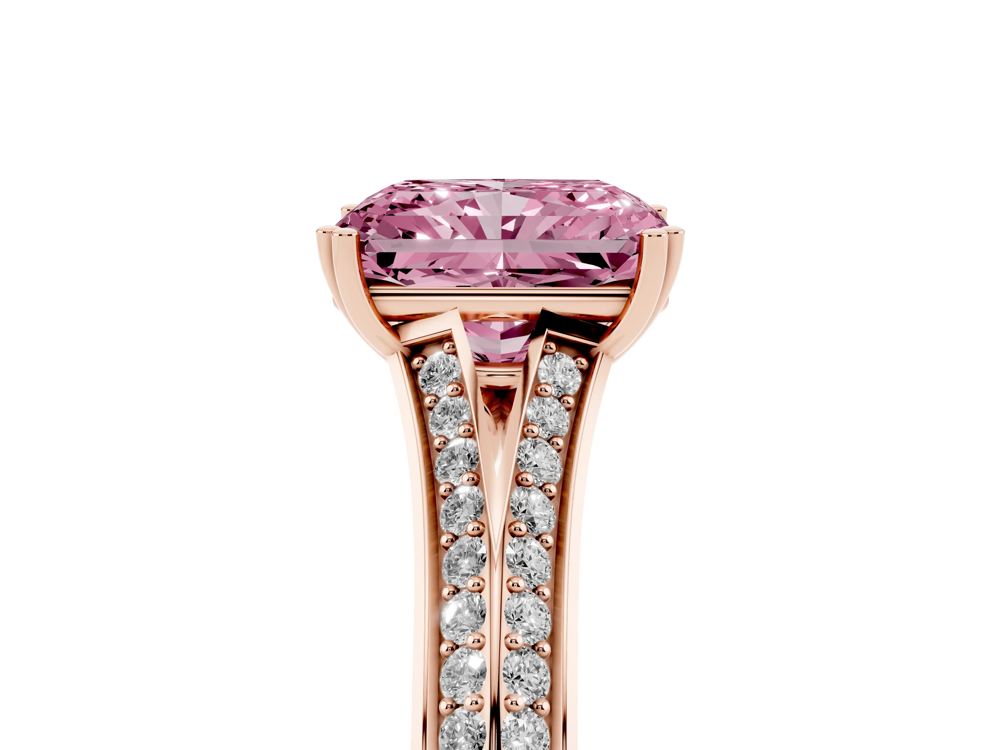 Fancy Pink Radiant Cut Diamond Split Shank Pavé Engagement Ring Set in Rose gold with Prong-Set Center Stone