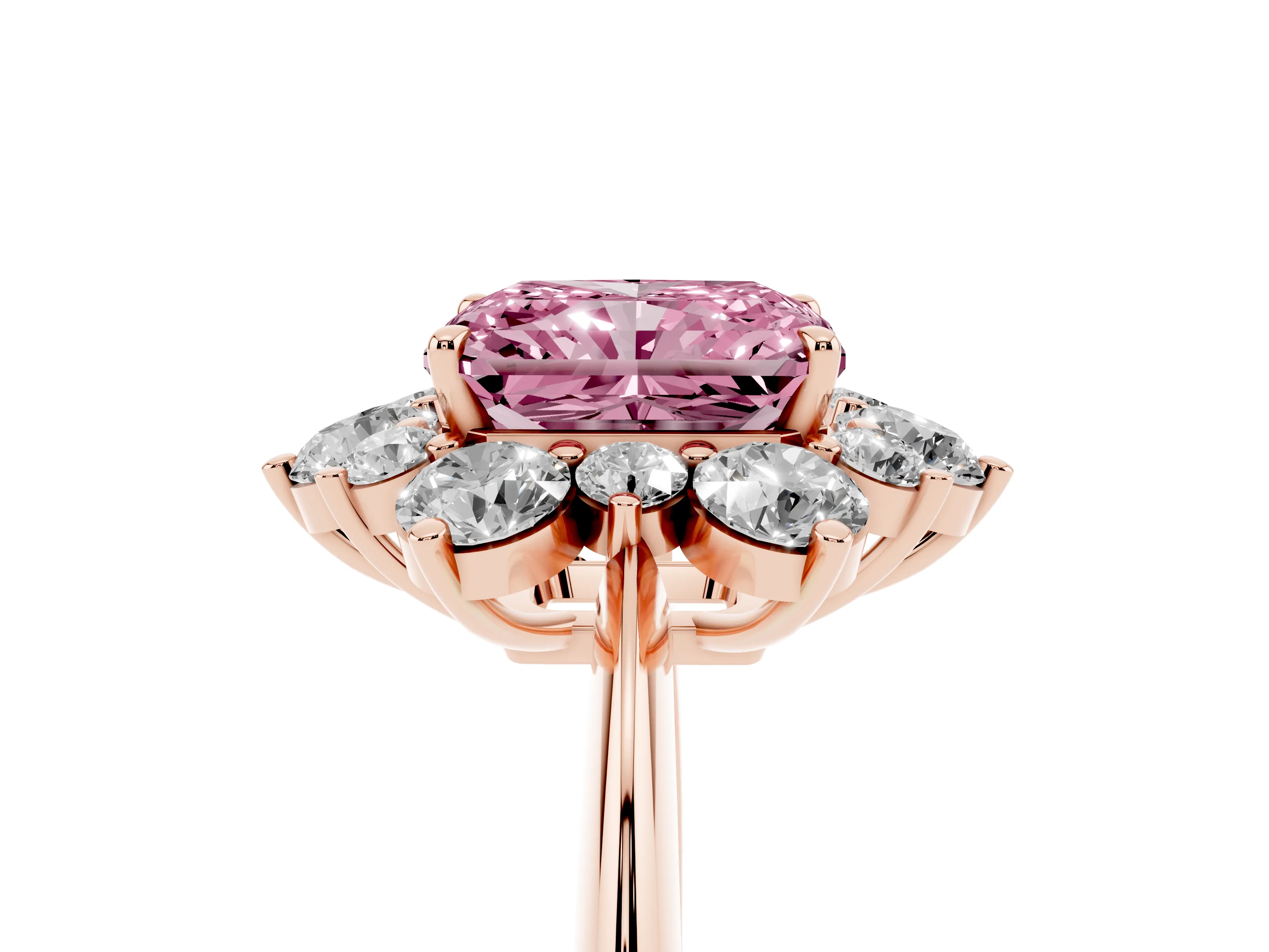 Fancy Pink Radiant Cut Diamond Cluster Halo Ring Set in Rose gold with Solitaire Band and Prong Setting
