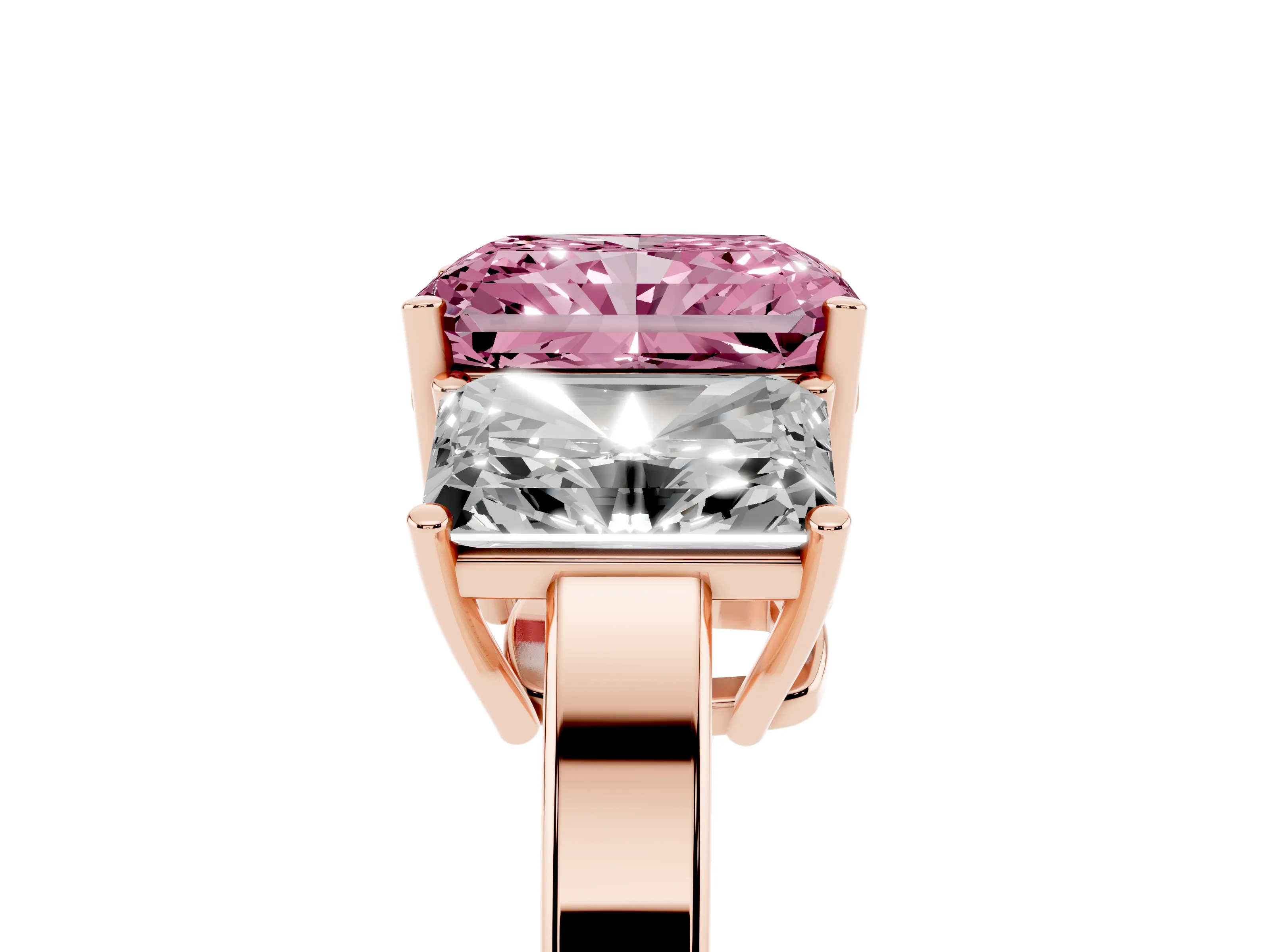 Fancy Pink Radiant Cut Diamond Three-Stone Engagement Ring Set in Rose gold with Flat Band