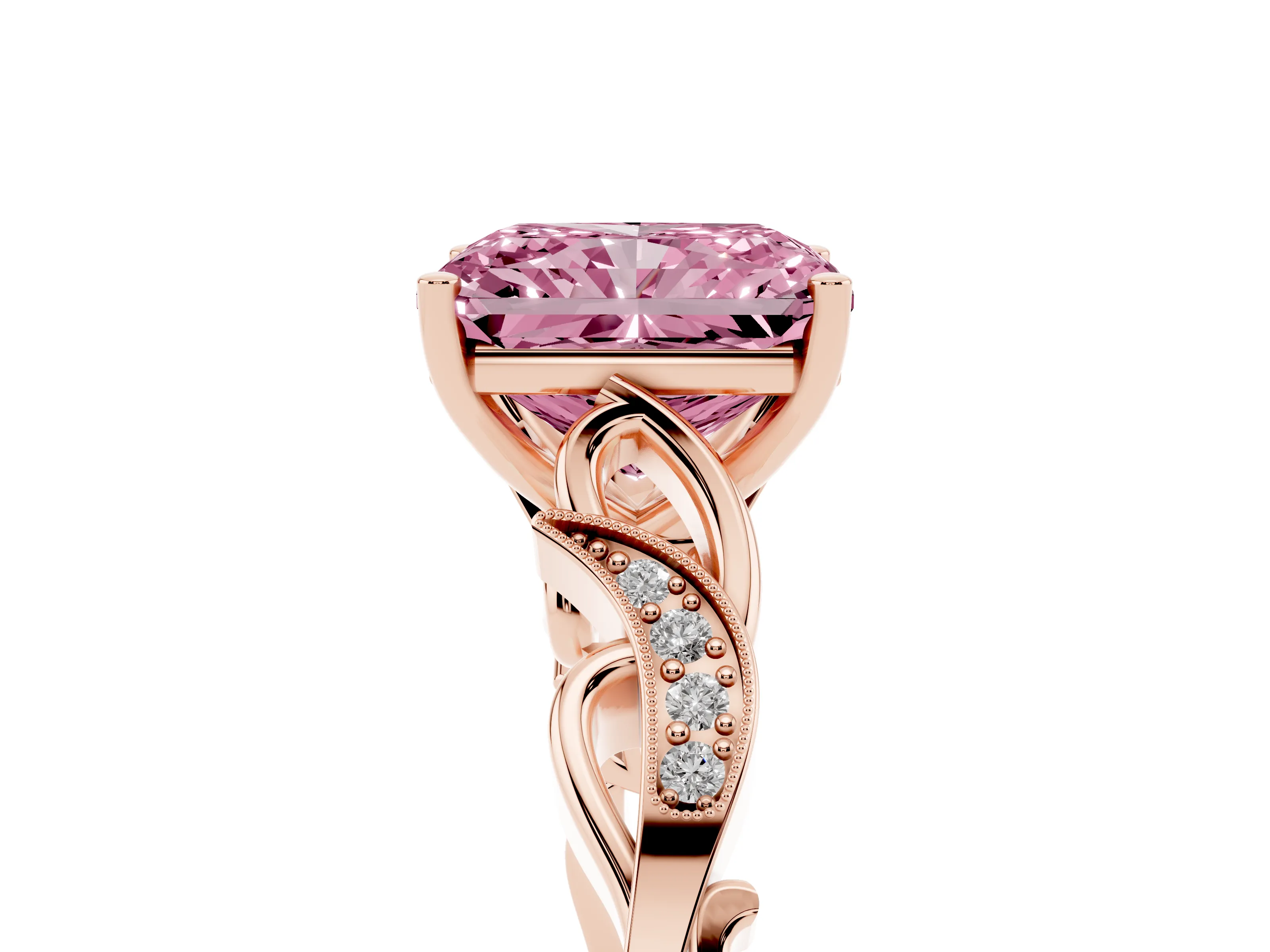 Fancy Pink Radiant Cut Diamond Vine Band Solitaire Ring Set in Rose gold with Milgrain Prong Setting