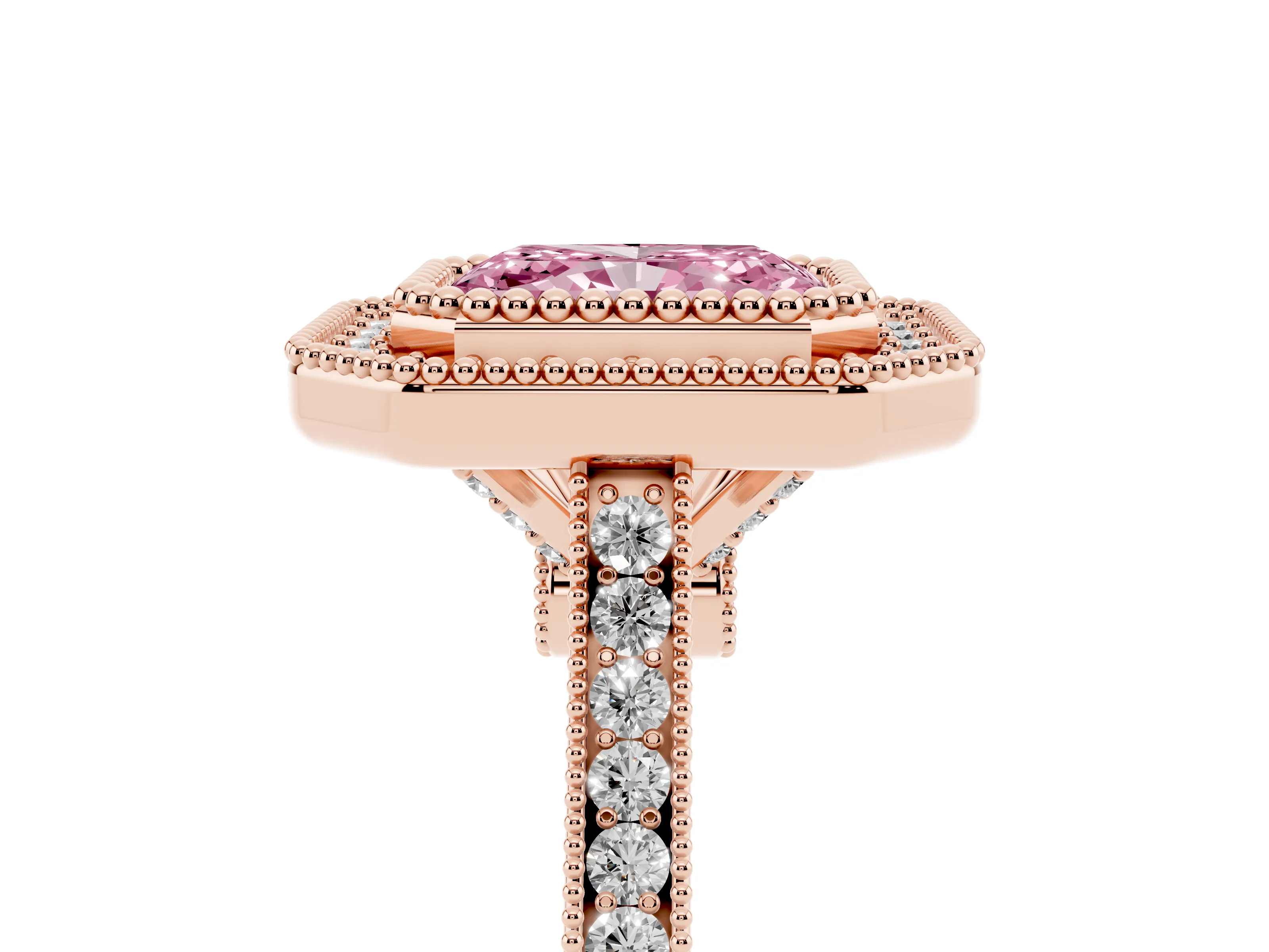 Fancy Pink Radiant Cut Diamond Halo Ring Set in Rose gold with Milgrain Frame and Pavé Band