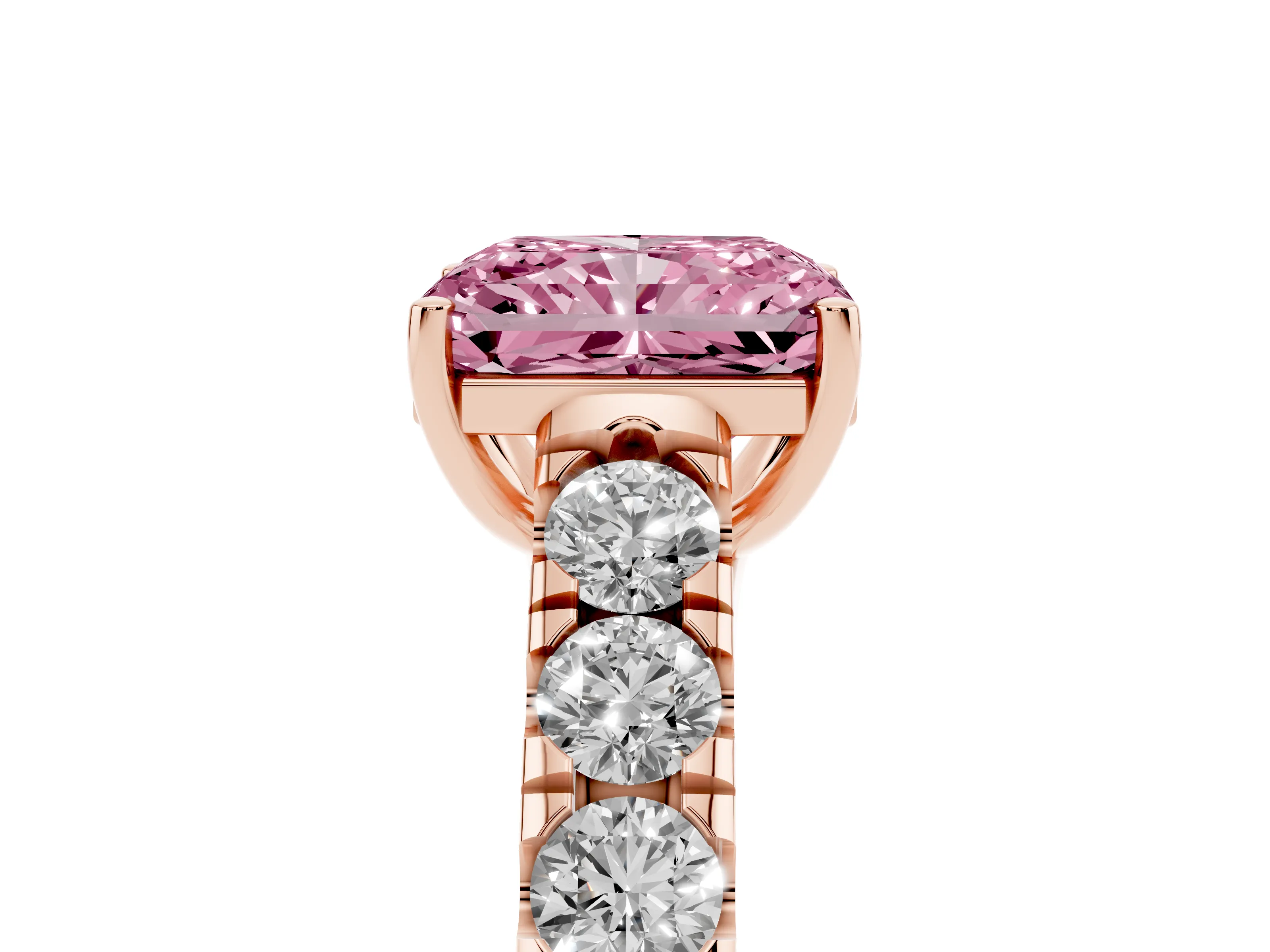 Fancy Pink Radiant Cut Diamond Solitaire Ring Set in Rose gold with Cut-Down Micro Pavé Band and Prong Setting