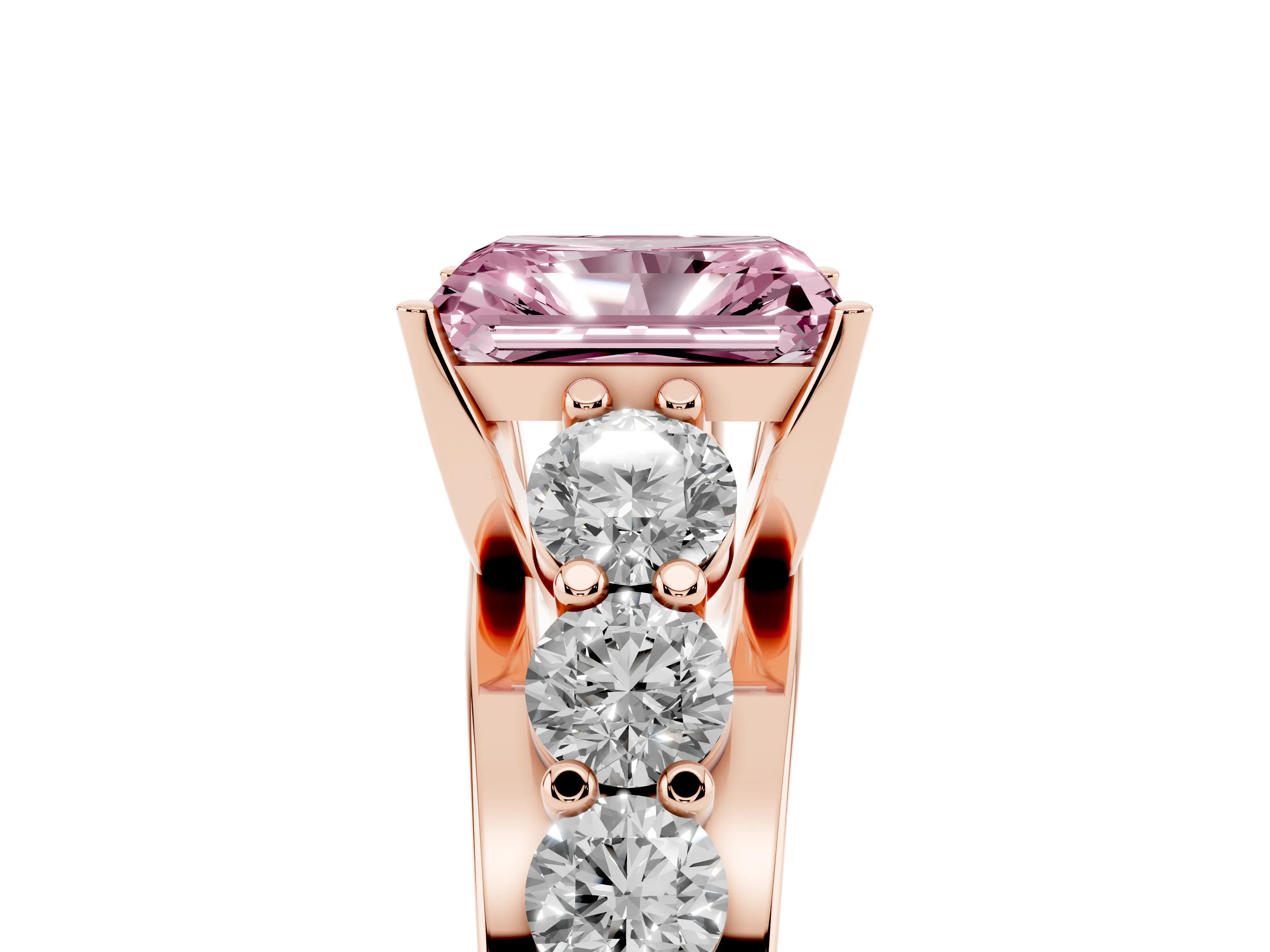Fancy Pink Radiant Cut Diamond Pavé Engagement Ring Set in Rose gold with Prong Setting