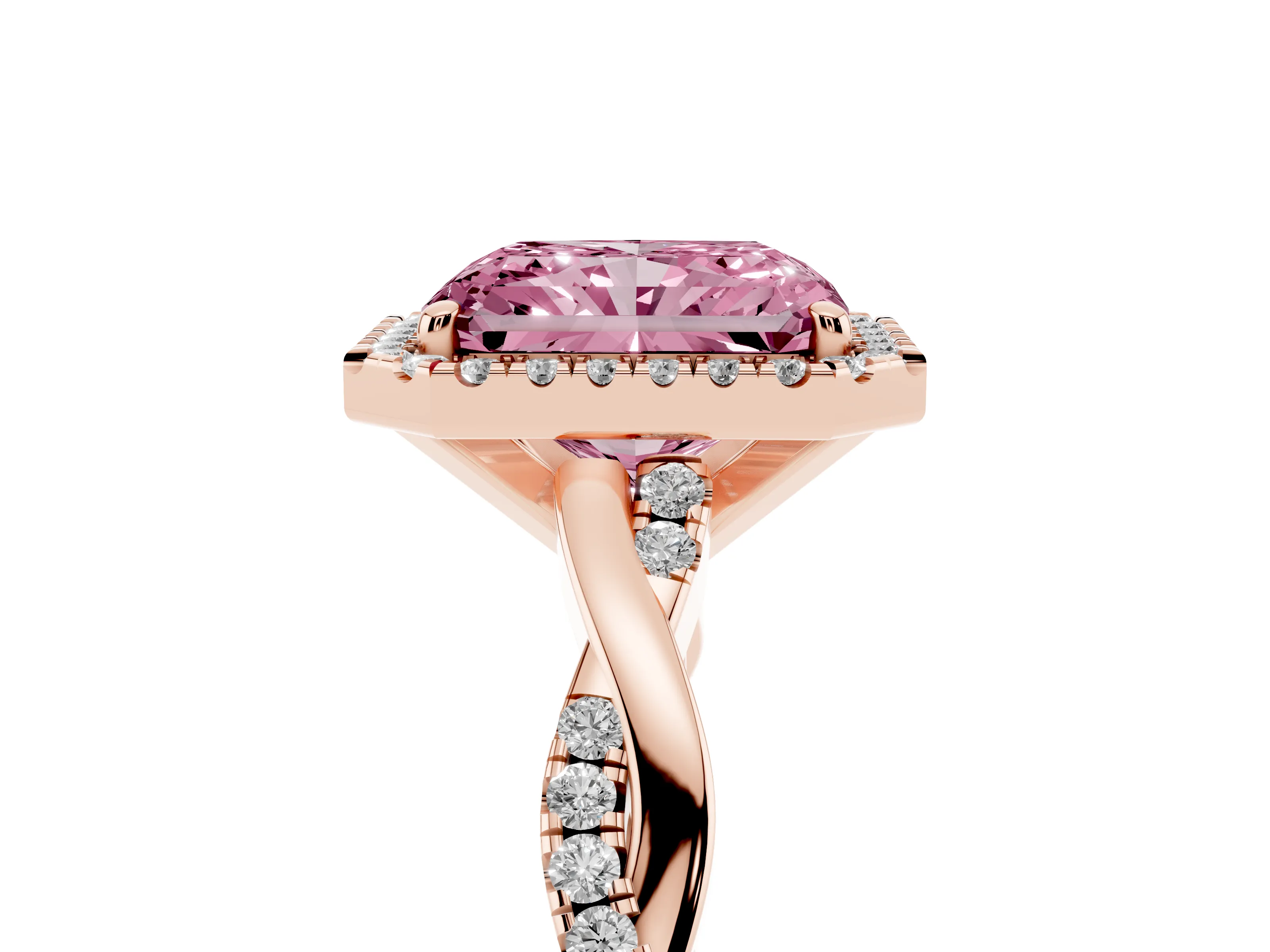 Fancy Pink Radiant Cut Diamond Halo Twisted Band Ring Set in Rose gold with Prong Setting