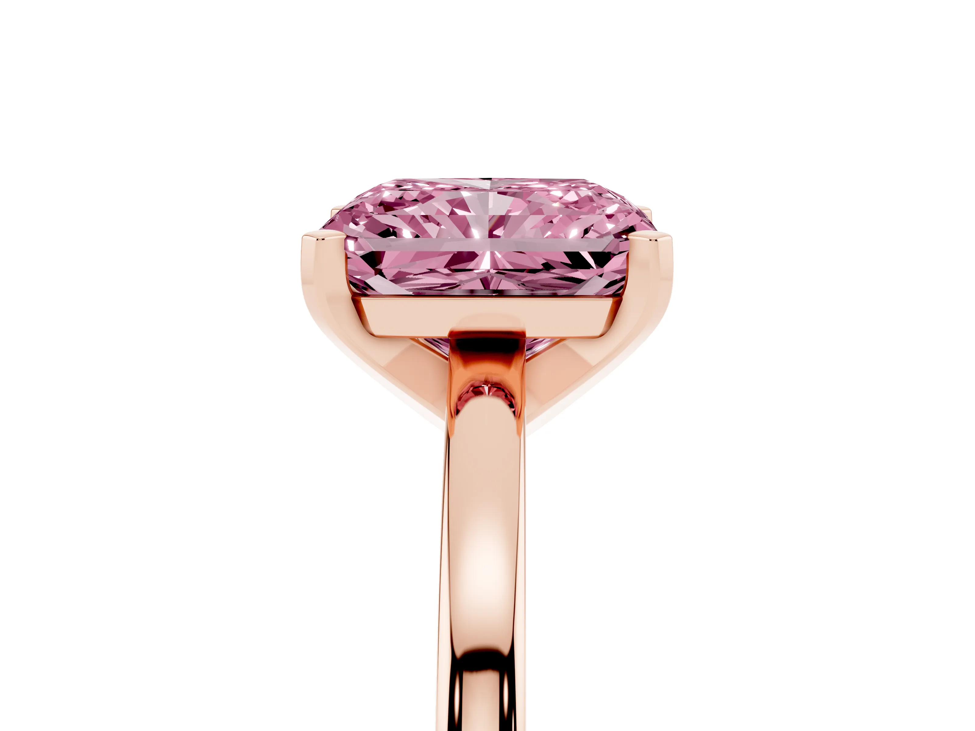 Fancy Pink Radiant Cut Diamond Solitaire Engagement Ring Set in Rose gold with Prong Setting on a Classic Band