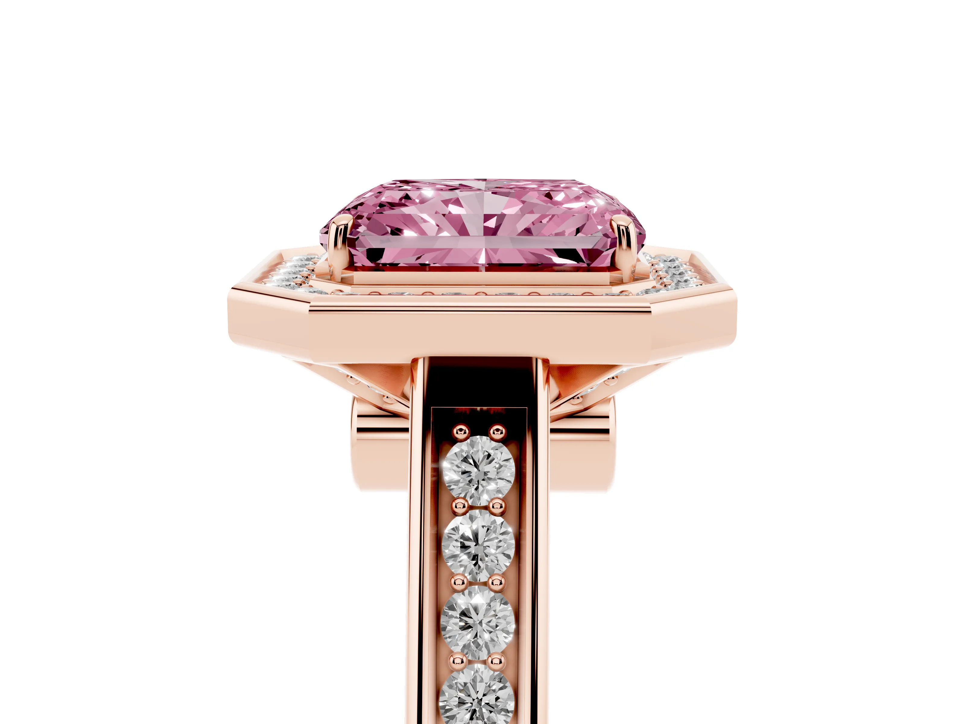 Fancy Pink Radiant Cut Diamond Halo Solitaire Ring Set in Rose gold with Pavé Band and Bezel Setting