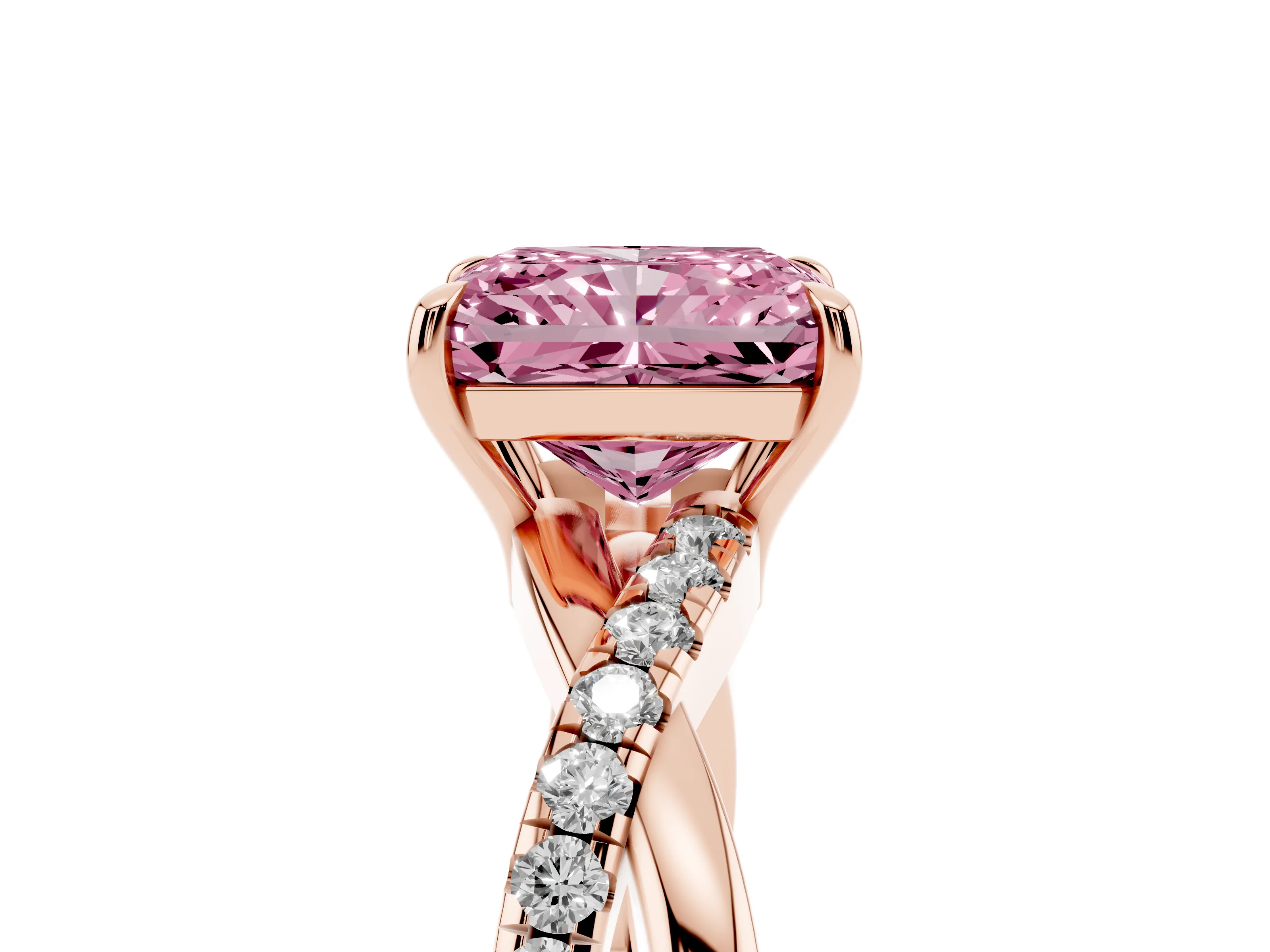Fancy Pink Radiant Cut Diamond Twisted Pavé Band Ring Set in Rose gold with Prong Setting