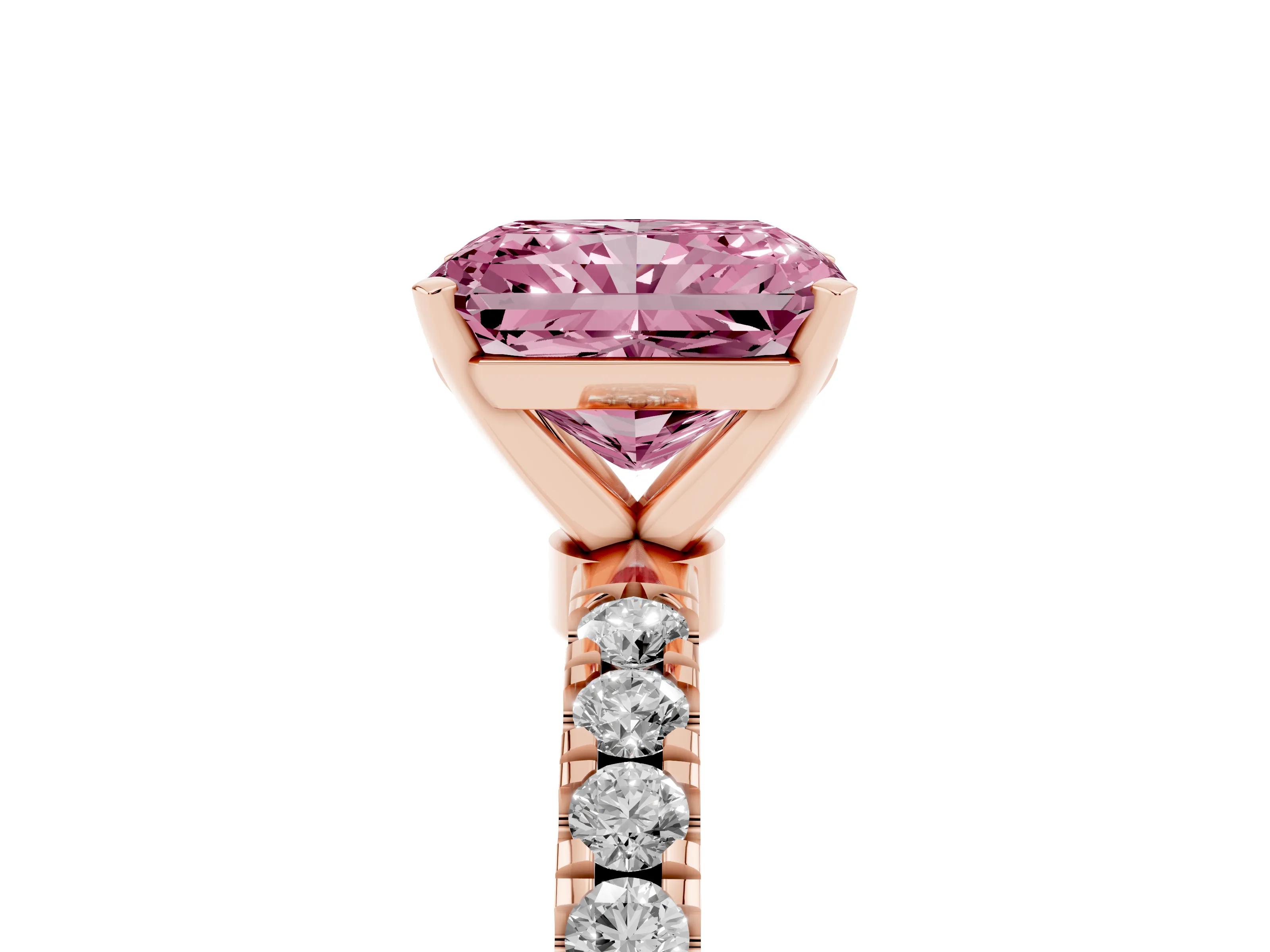 Fancy Pink Radiant Cut Diamond Solitaire Ring Set in Rose gold with Pavé Accents and Prong Setting
