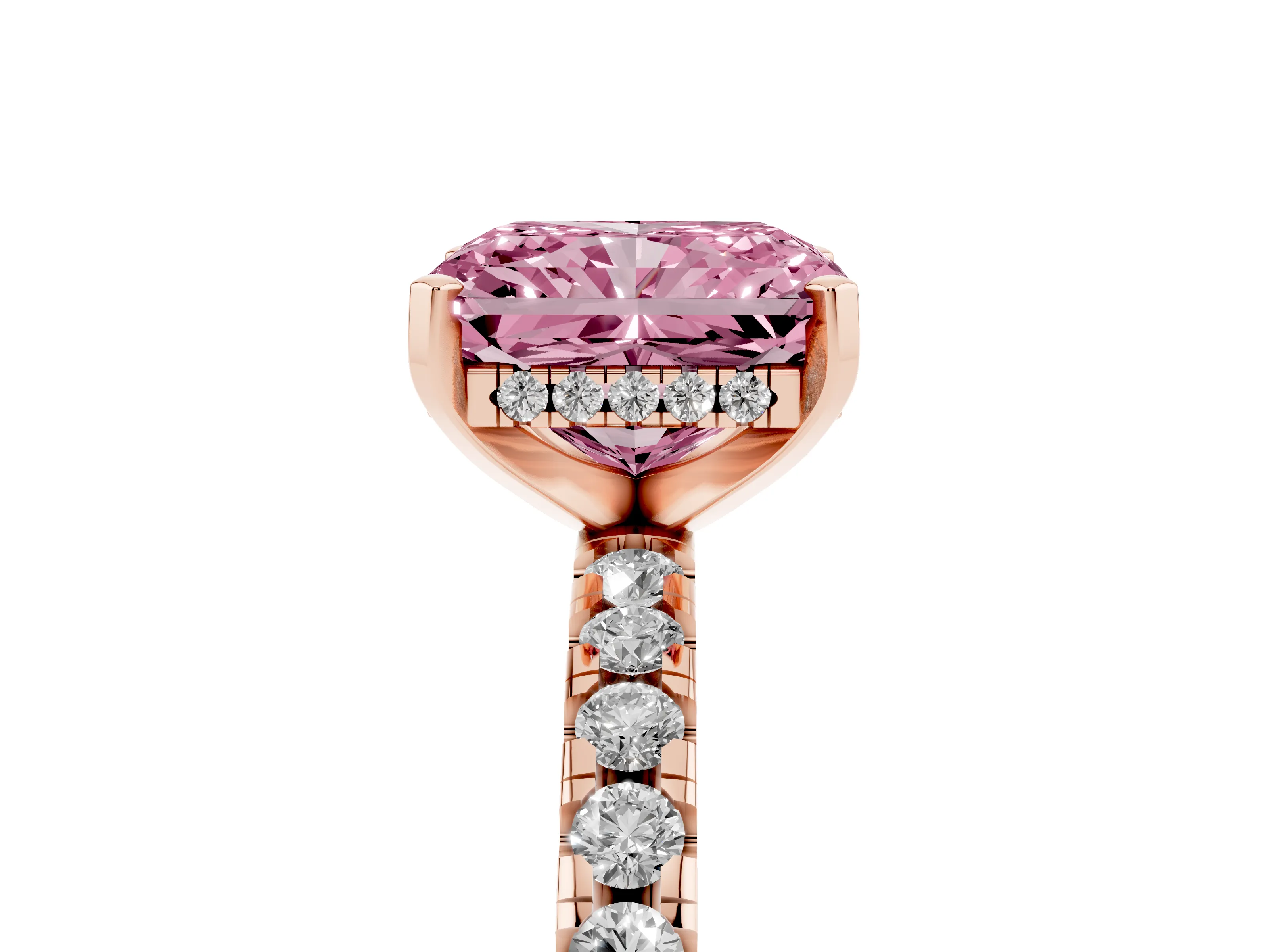 Fancy Pink Radiant Cut Diamond Pavé Solitaire Ring Set in Rose gold with Round Band Accents and Prong Setting
