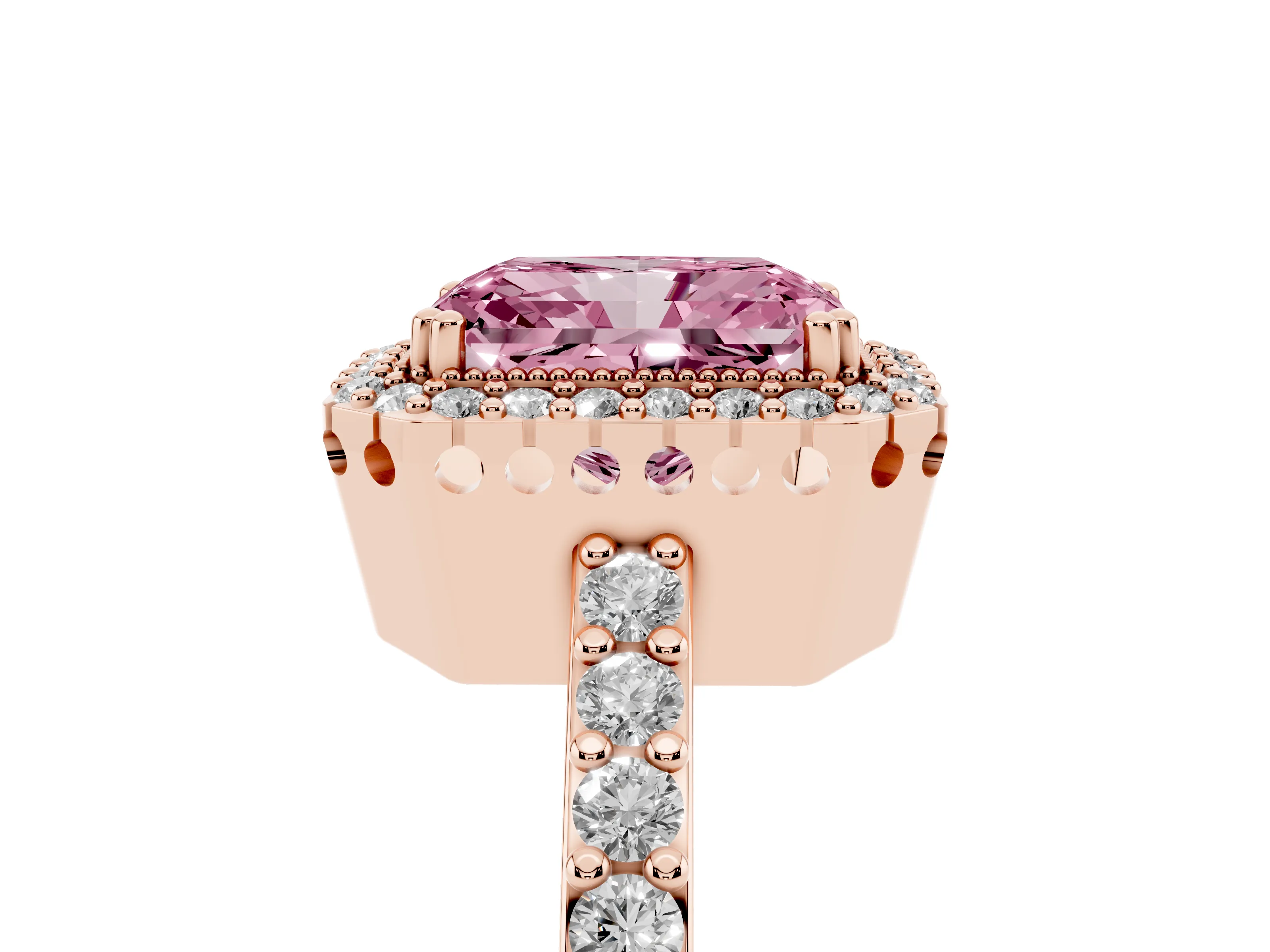 Fancy Pink Radiant Cut Diamond Halo Engagement Ring Set in Rose gold with Milgrain Detail and Pavé Band