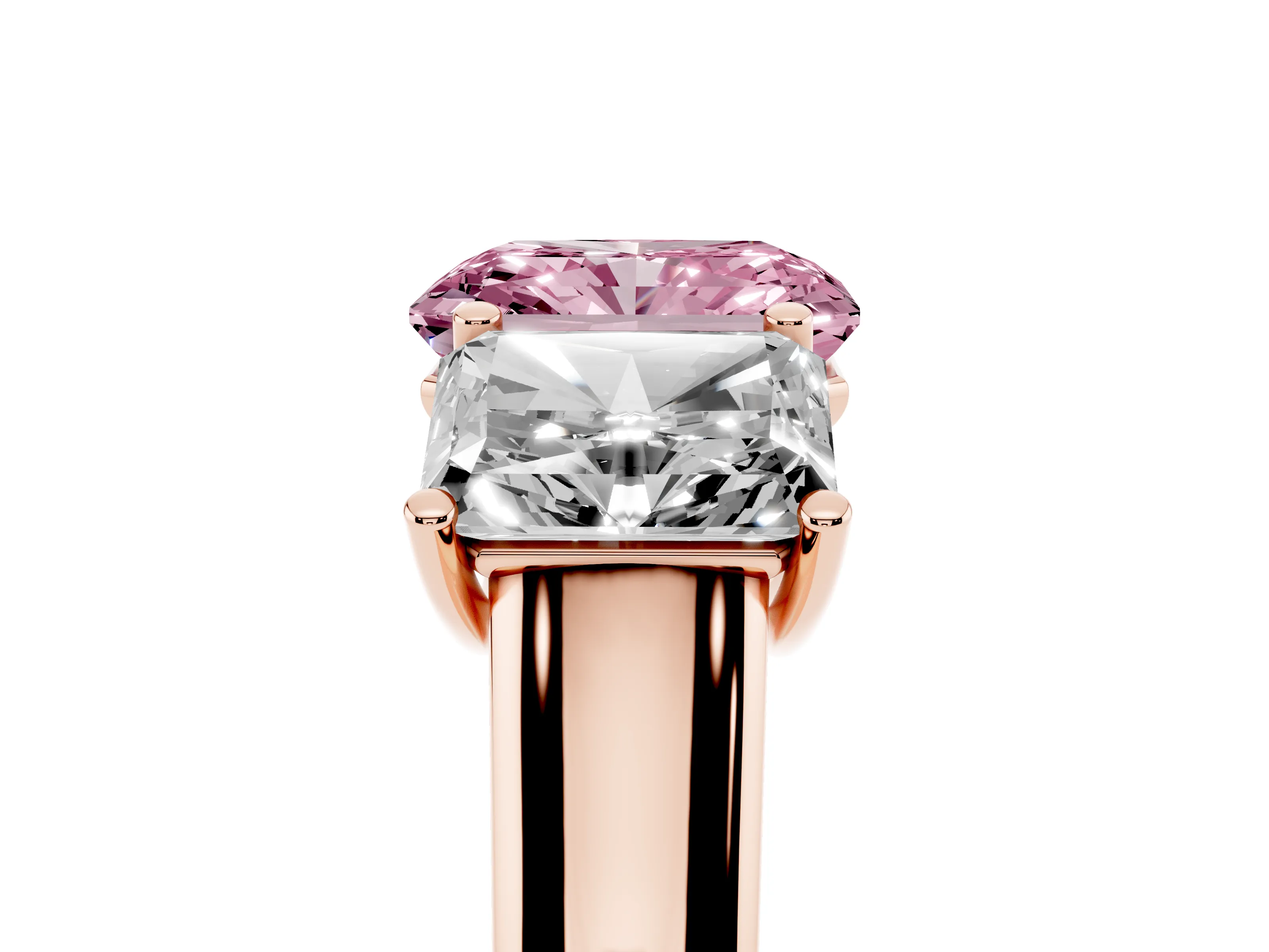 Fancy Pink Radiant Cut Diamond Three-Stone Ring Set in Rose gold with Plain Polished Band