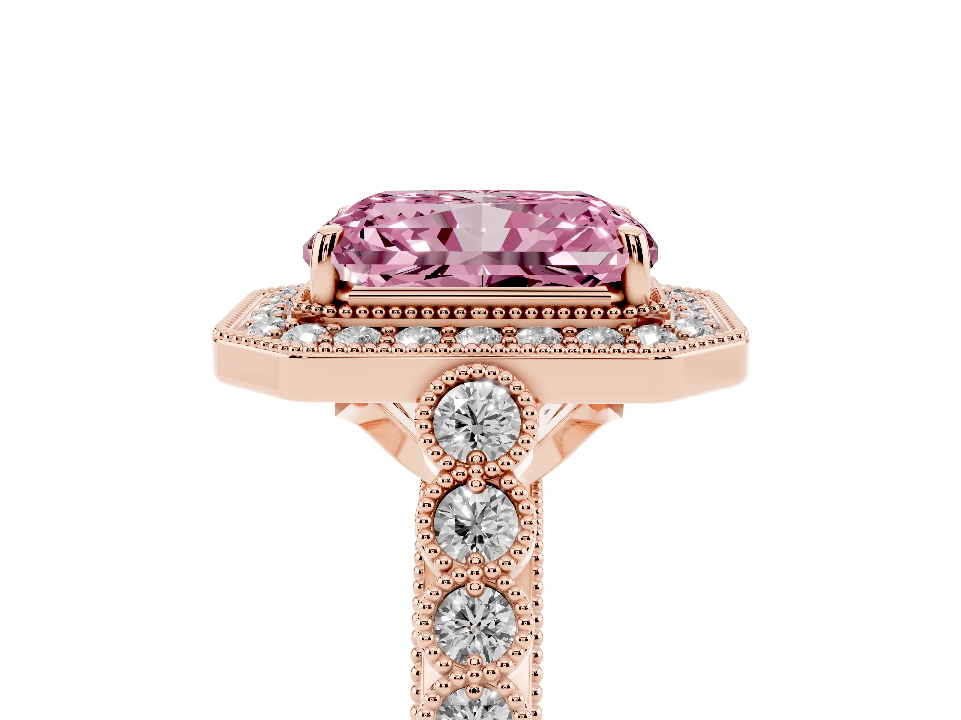 Fancy Pink Radiant Cut Diamond Milgrain Halo Solitaire Ring Set in Rose gold with Bezel Set Side Stones and Pavé Band