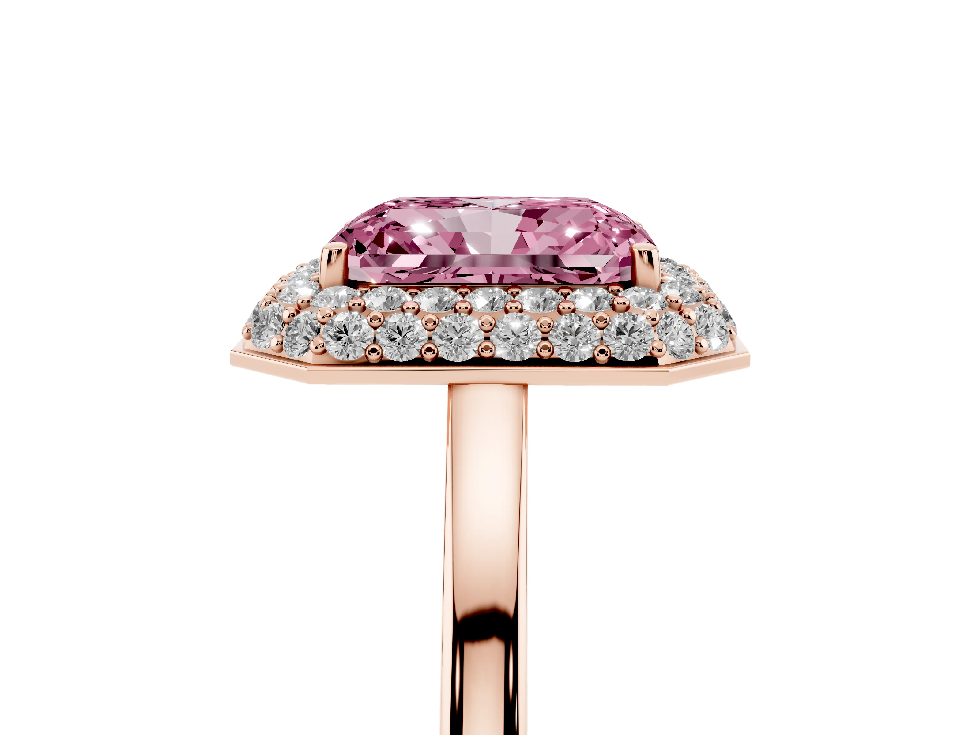 Fancy Pink Radiant Cut Diamond Halo Engagement Ring Set in Rose gold with Solitaire Band and Prong Setting