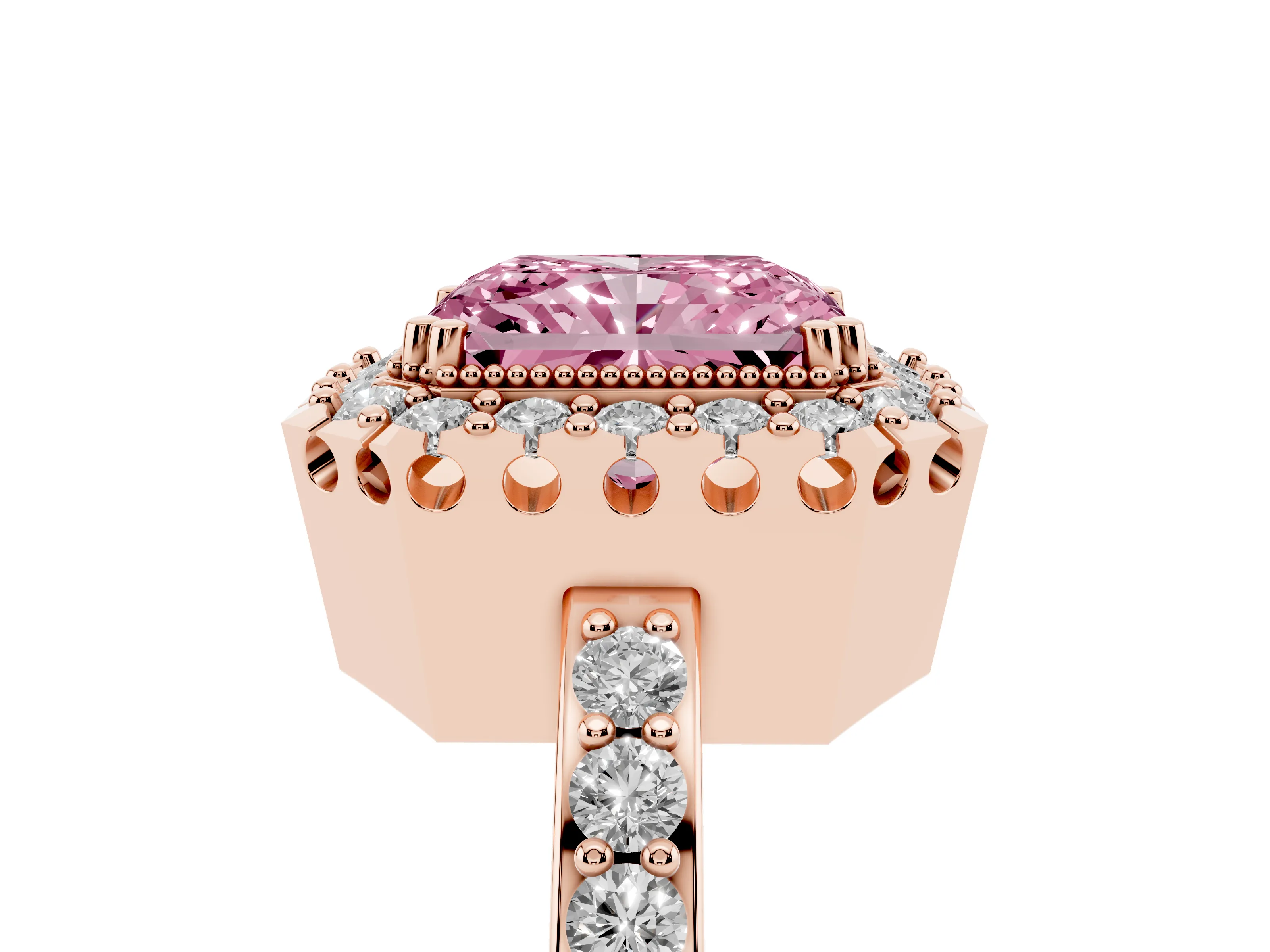 Fancy Pink Radiant Cut Diamond Halo Ring Set in Rose gold with Pavé Shank and Prong Setting