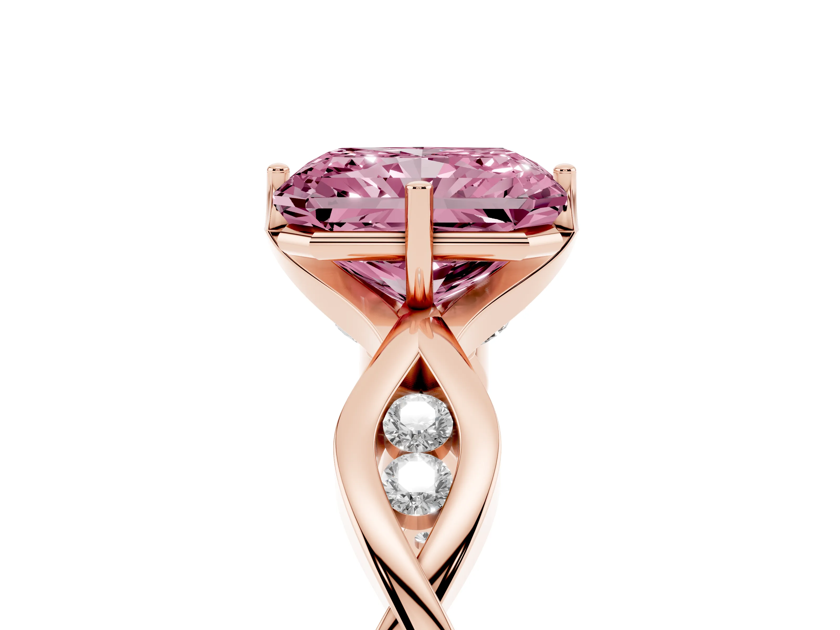 Fancy Pink Radiant Cut Diamond Twist Band Solitaire Ring Set in Rose gold with Leaf Prong Setting and Accent Stones