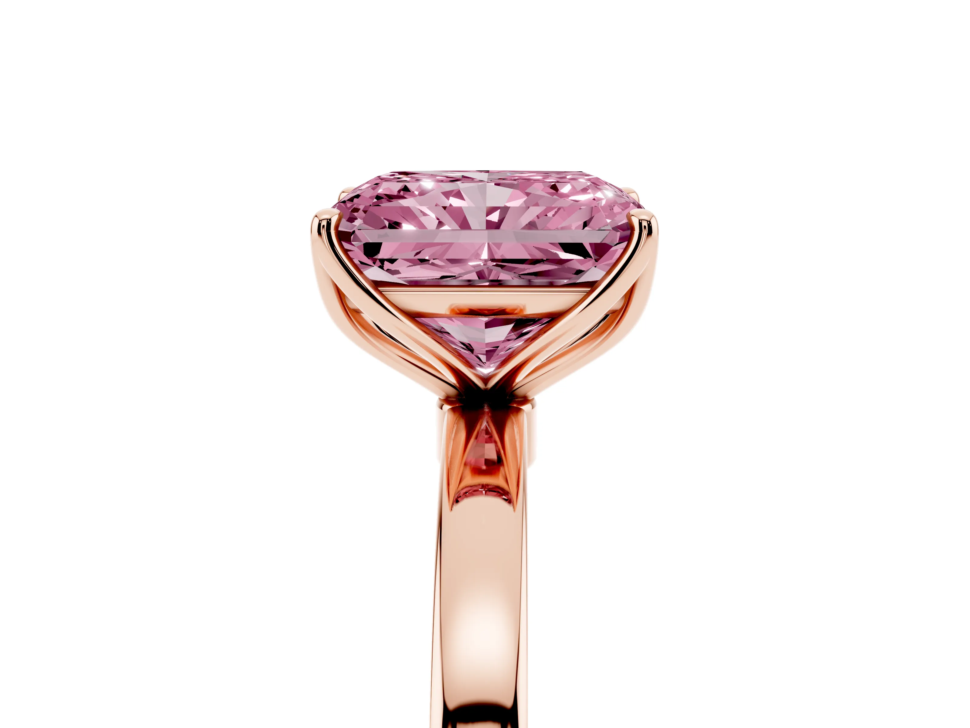 Fancy Pink Radiant Cut Diamond Solitaire Ring Set in Rose gold with Prong Setting and Thin Polished Band