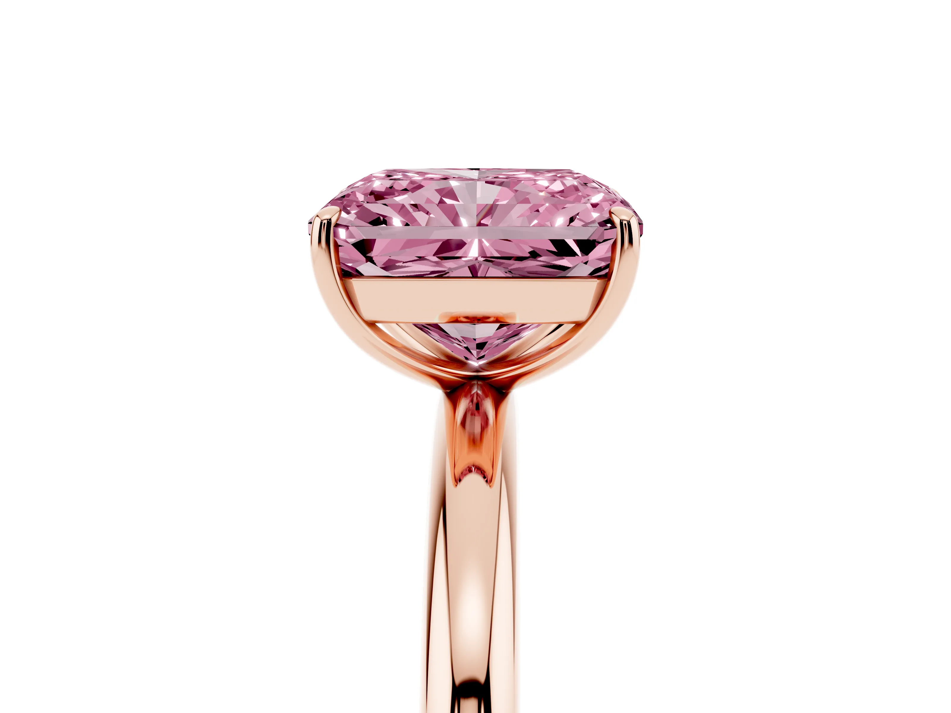 Fancy Pink Radiant Cut Diamond Solitaire Ring Set in Rose gold with Prong Setting on a Polished Plain Band