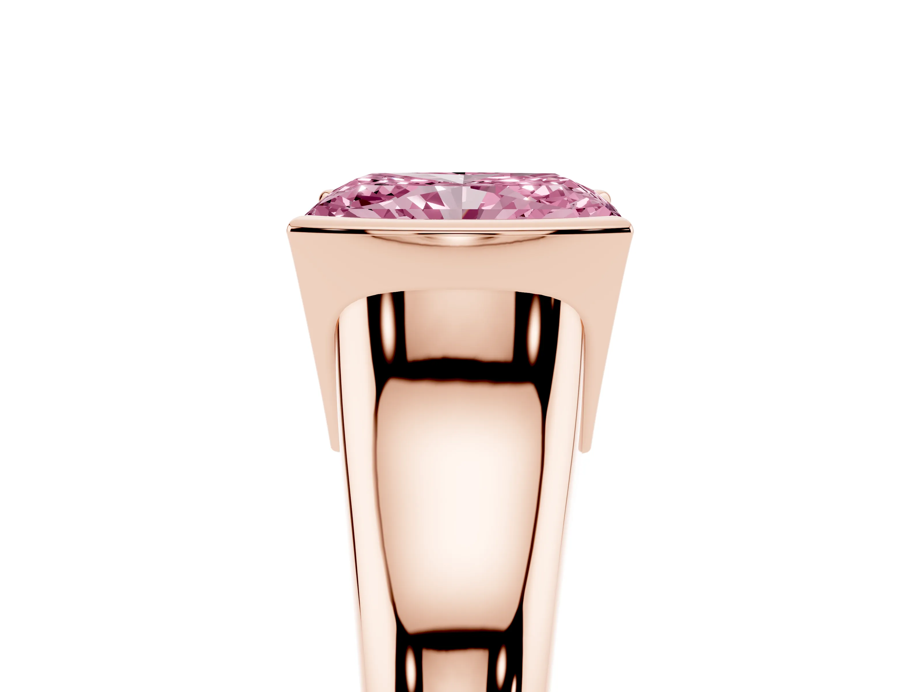 Fancy Pink Radiant Cut Diamond Solitaire Tension Set Ring Set in Rose gold with Split Shank Band