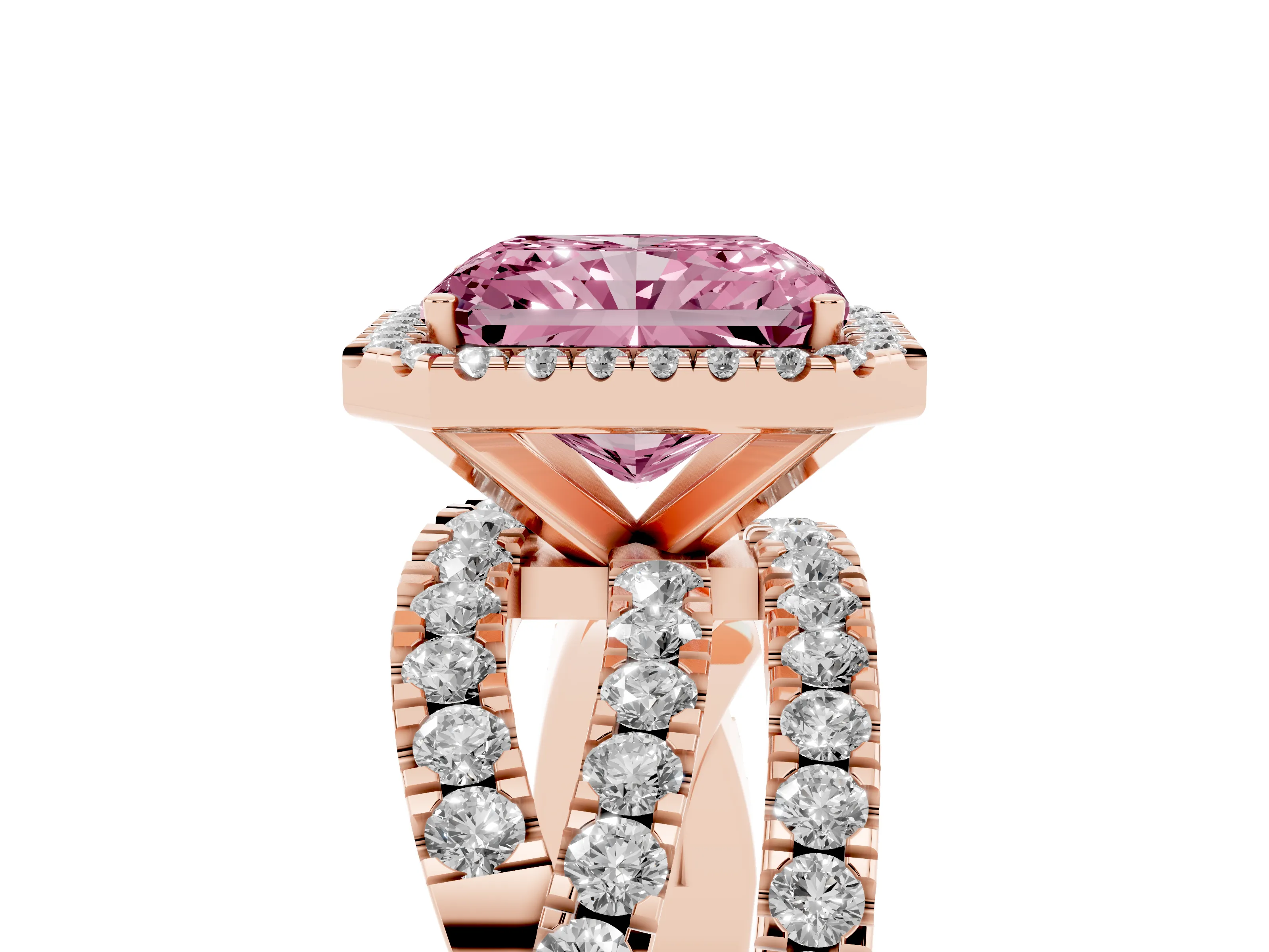 Fancy Pink Radiant Cut Diamond Halo Ring Set in Rose gold with Round Crossover Split Shank and Prong Setting