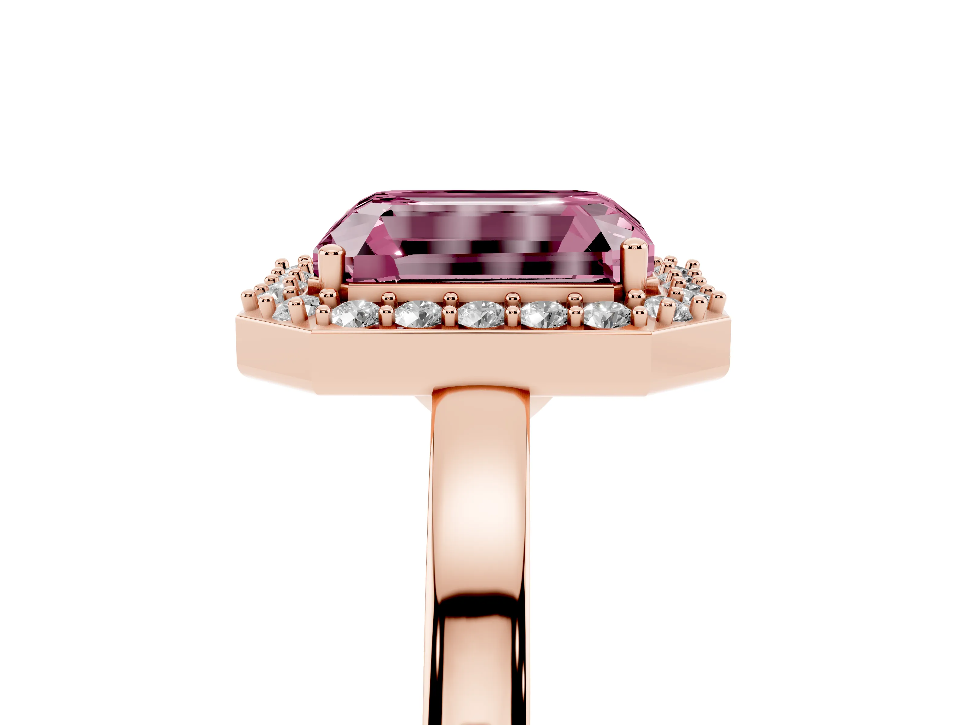 Fancy Pink Radiant Cut Diamond Halo Ring Set in Rose gold with Solitaire Band and Prong Setting