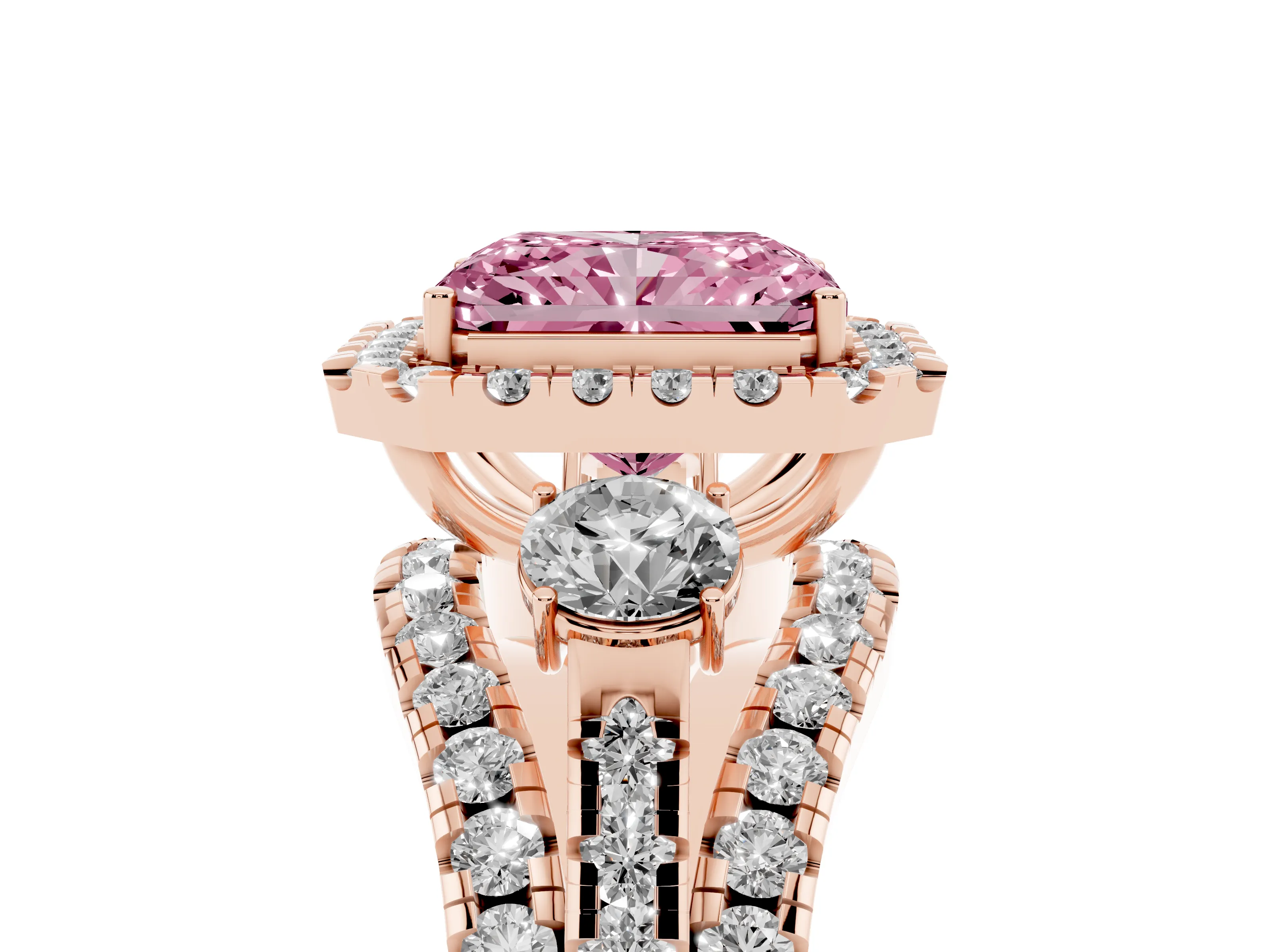 Fancy Pink Radiant Cut Diamond Halo Split Shank Ring Set in Rose gold with Round Accent Stones and Prong Setting