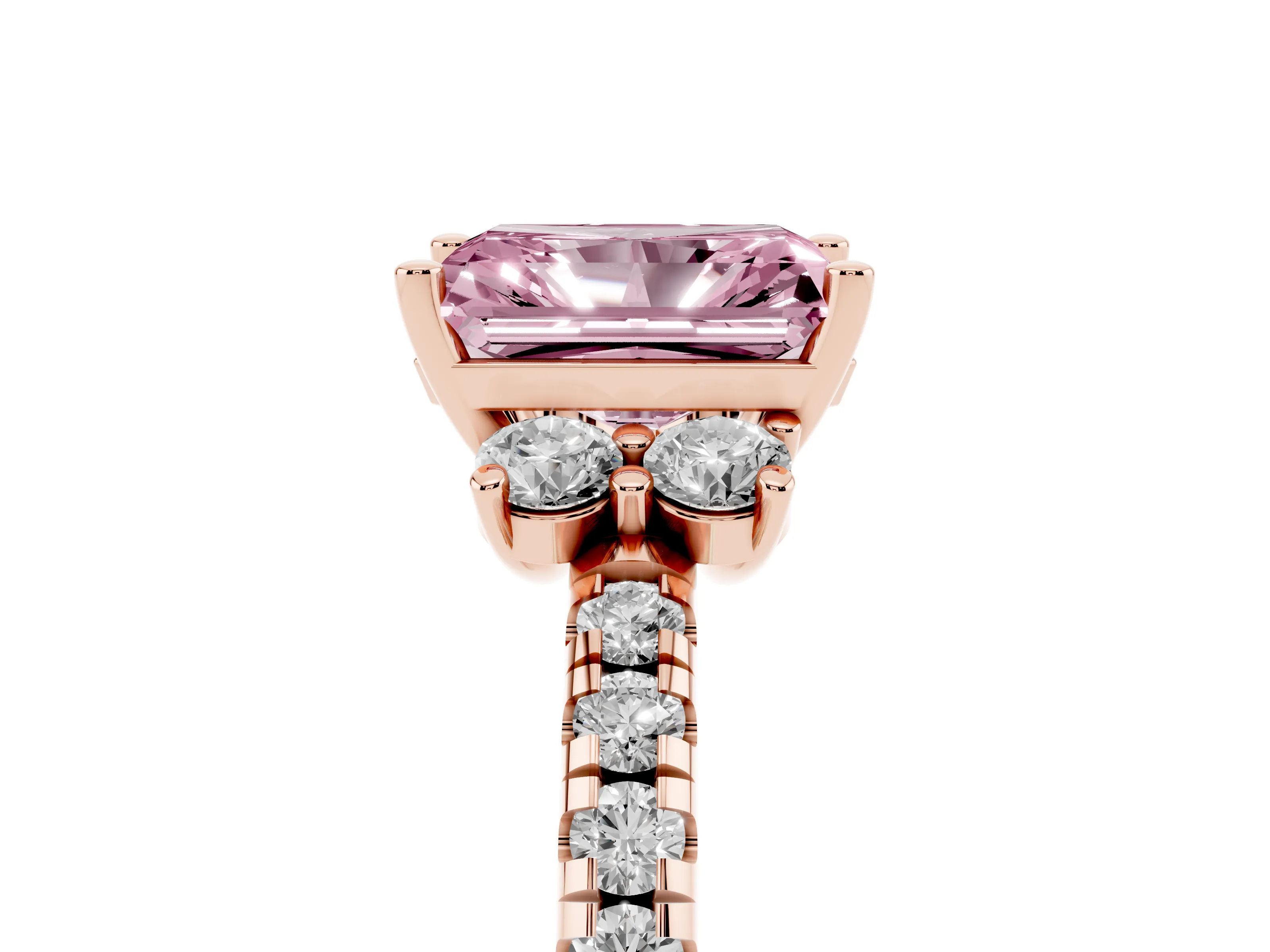 Fancy Pink Radiant Cut Diamond Three-Stone Pavé Ring Set in Rose gold with Prong Setting