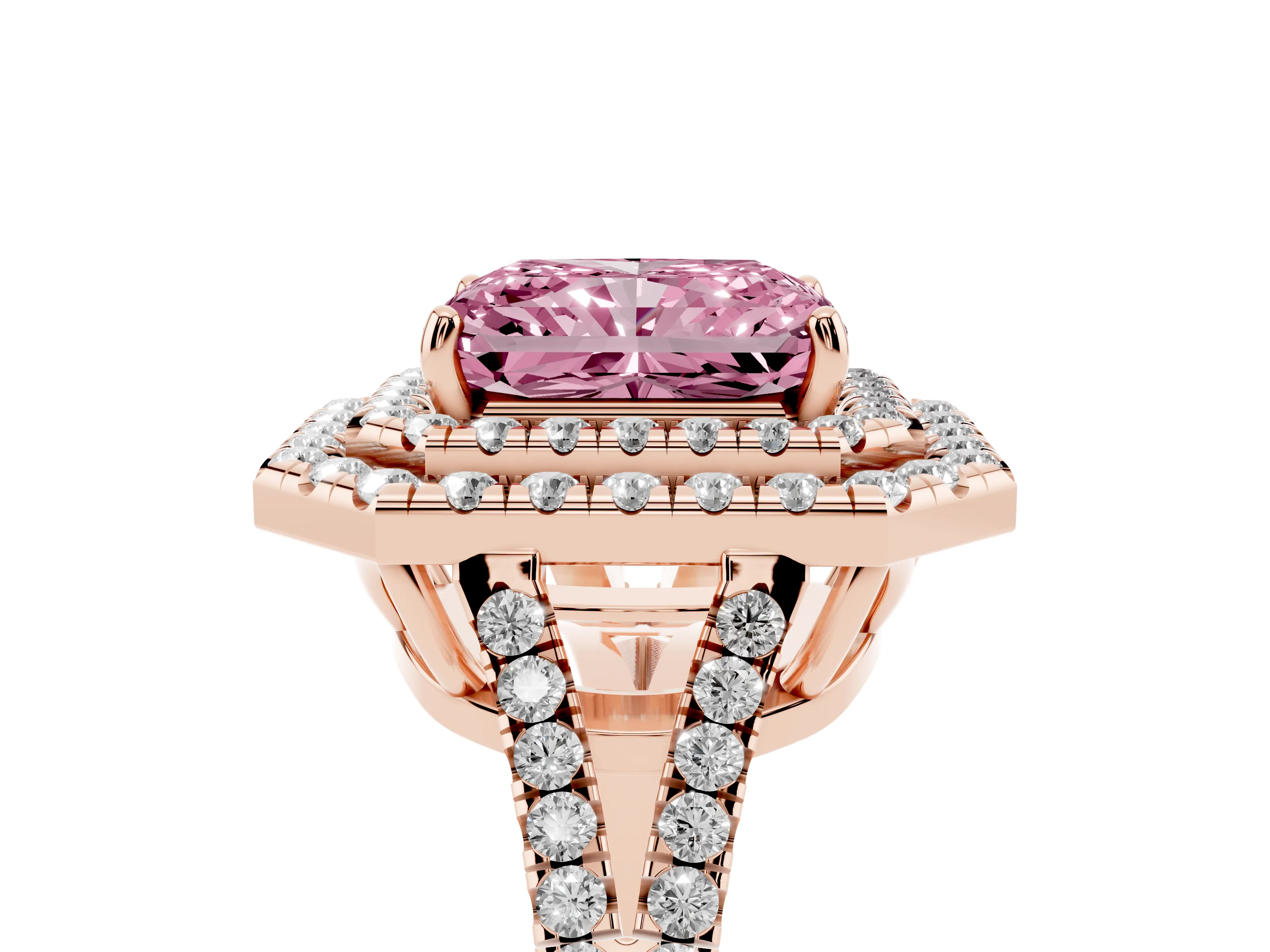 Fancy Pink Radiant Cut Diamond Double Halo Ring Set in Rose gold with Pavé Band