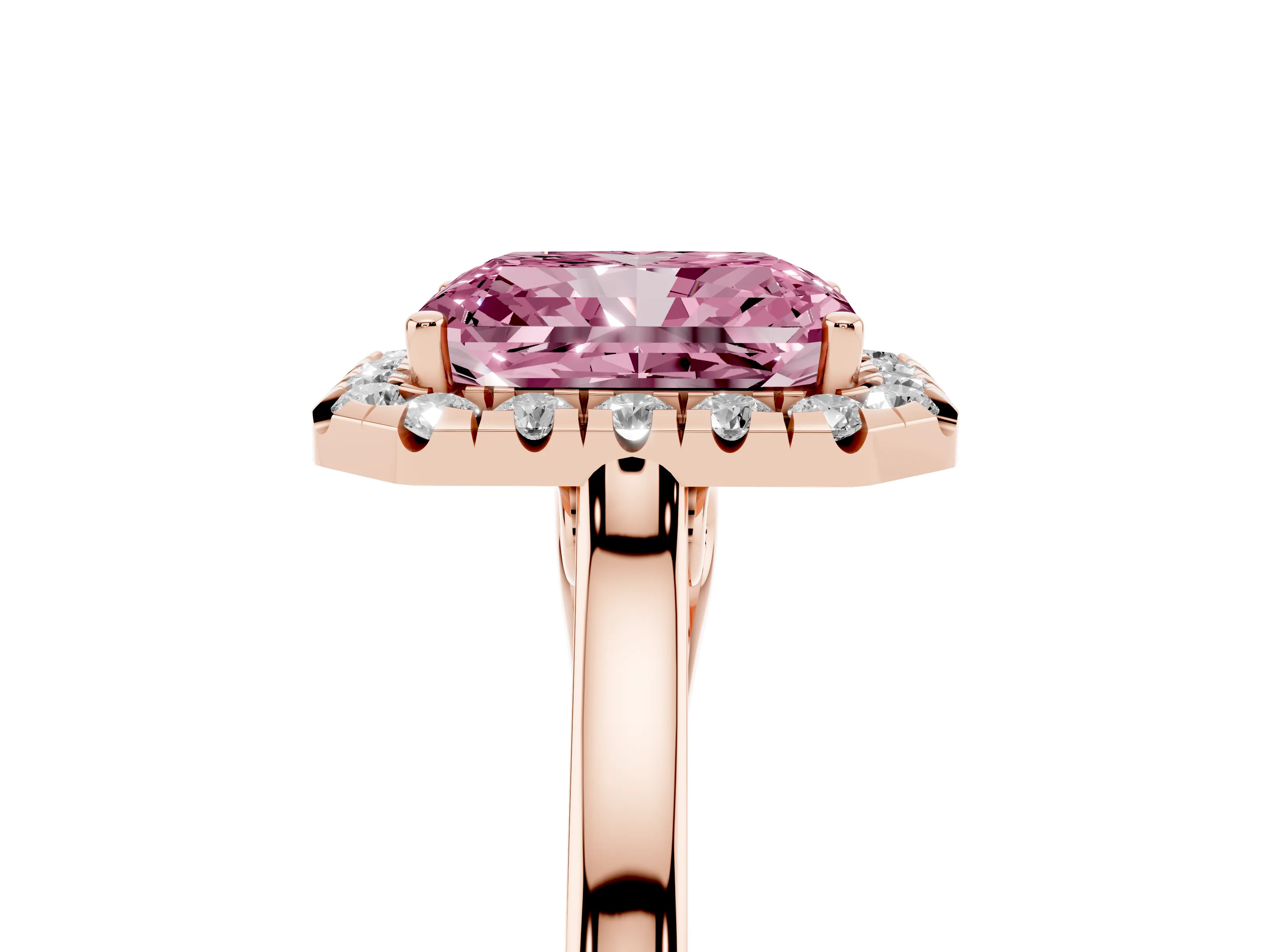Fancy Pink Radiant Cut Halo Round Diamond Solitaire Ring Set in Rose gold with Pavé Band and Prong Setting