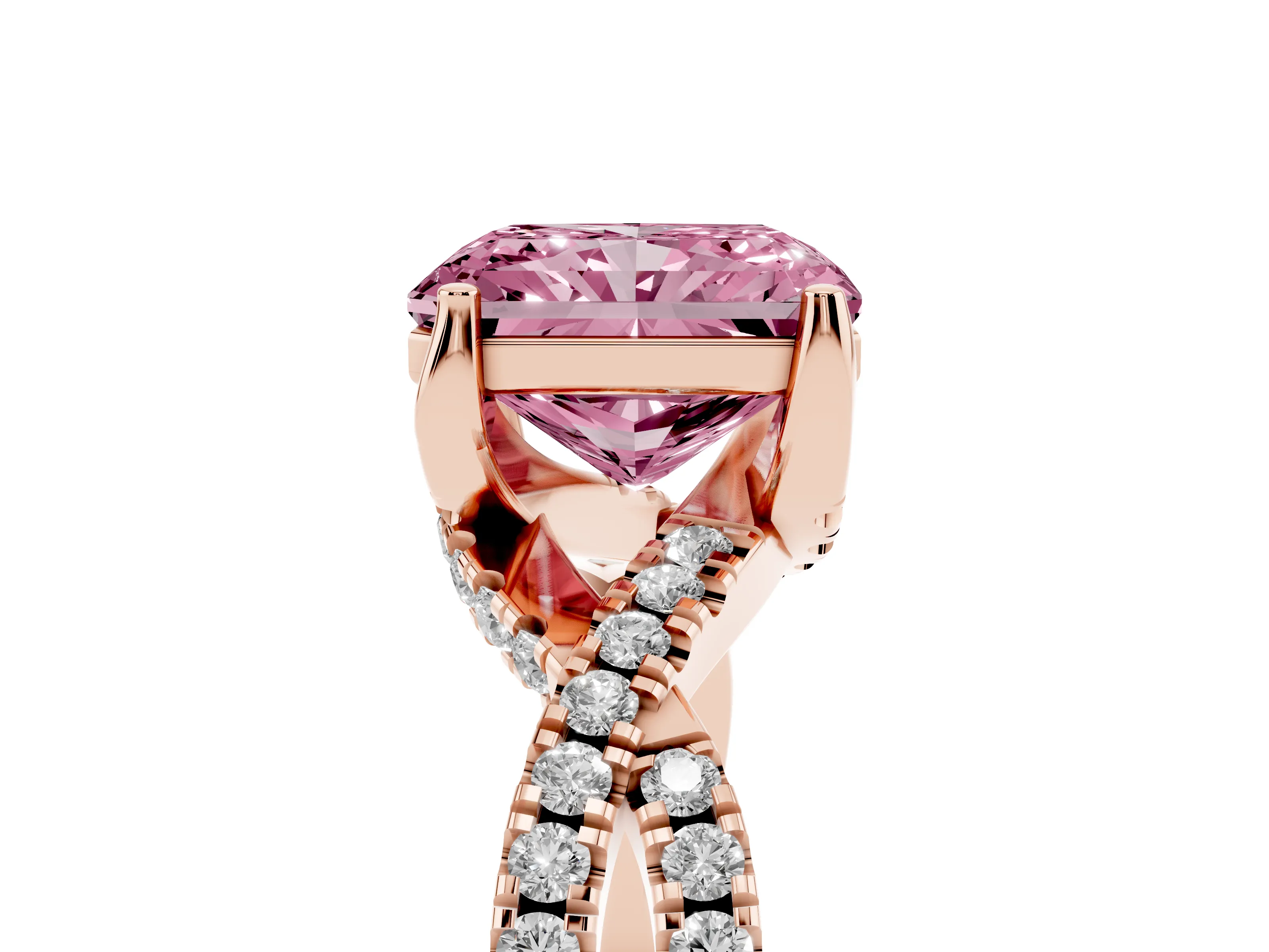 Fancy Pink Radiant Cut Diamond Twist Pavé Solitaire Engagement Ring Set in Rose gold with Prong Setting