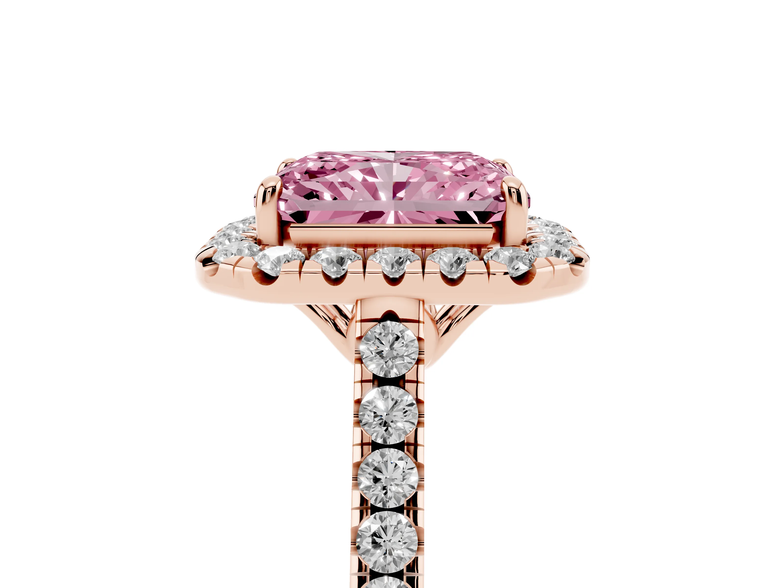 Fancy Pink Radiant Cut Diamond Pavé Halo Engagement Ring Set in Rose gold with Pavé Band and Prong Setting