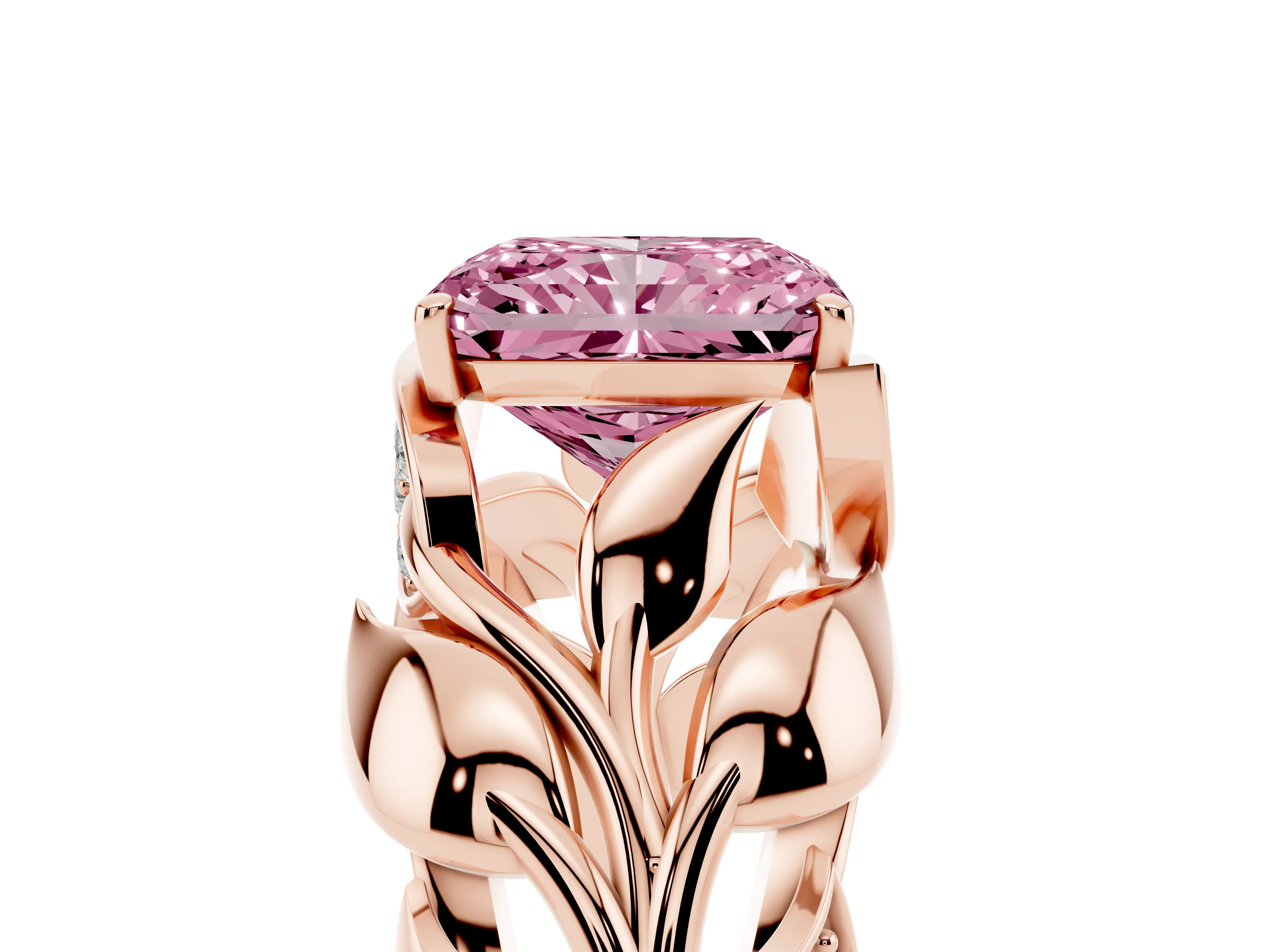 Fancy Pink Radiant Cut Diamond Leaf-Inspired Engagement Ring Set in Rose gold with Round Accents