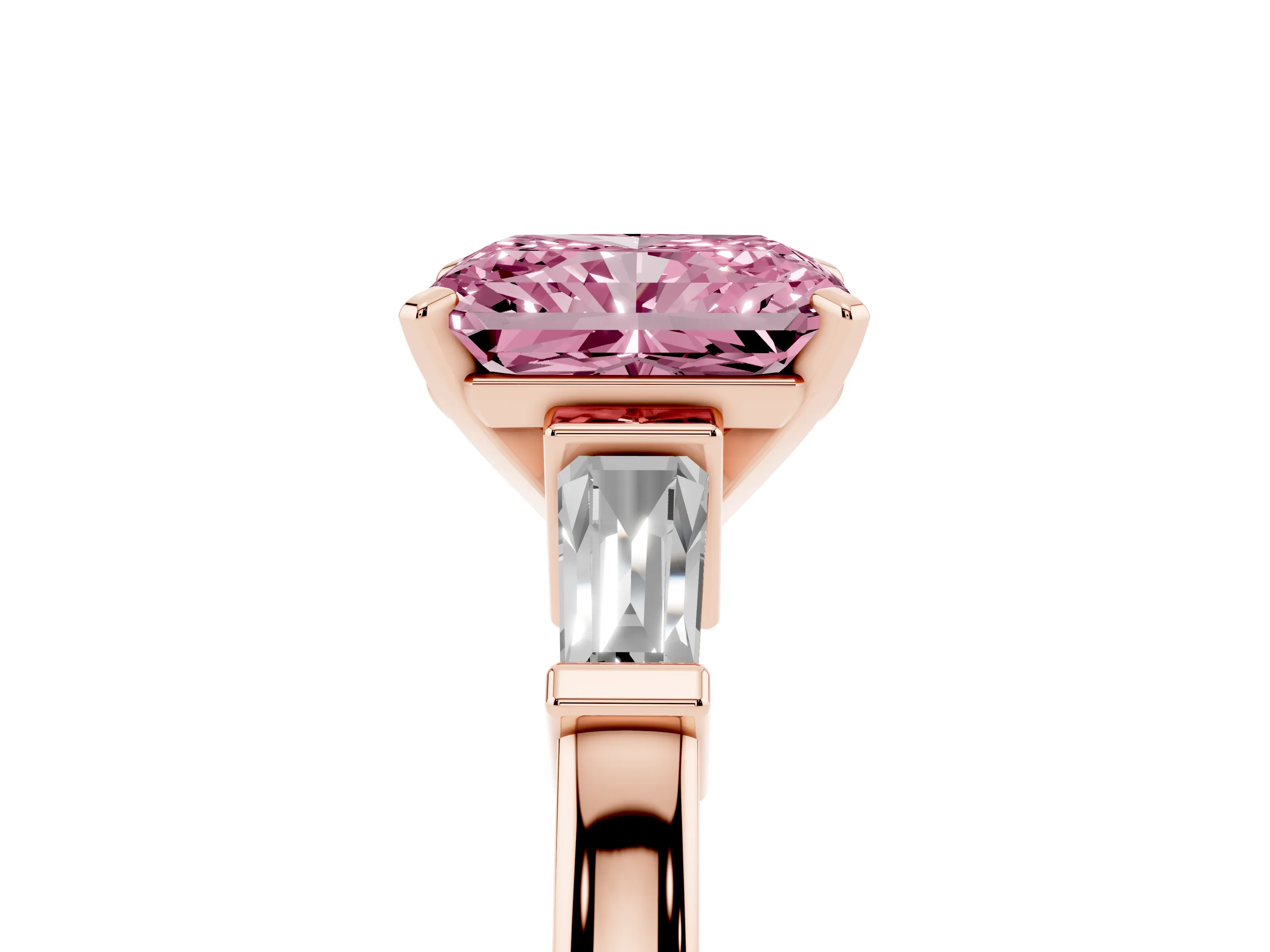 Fancy Pink Radiant Cut Diamond Solitaire Ring Set in Rose gold with Tapered Baguette Accents and Prong Setting