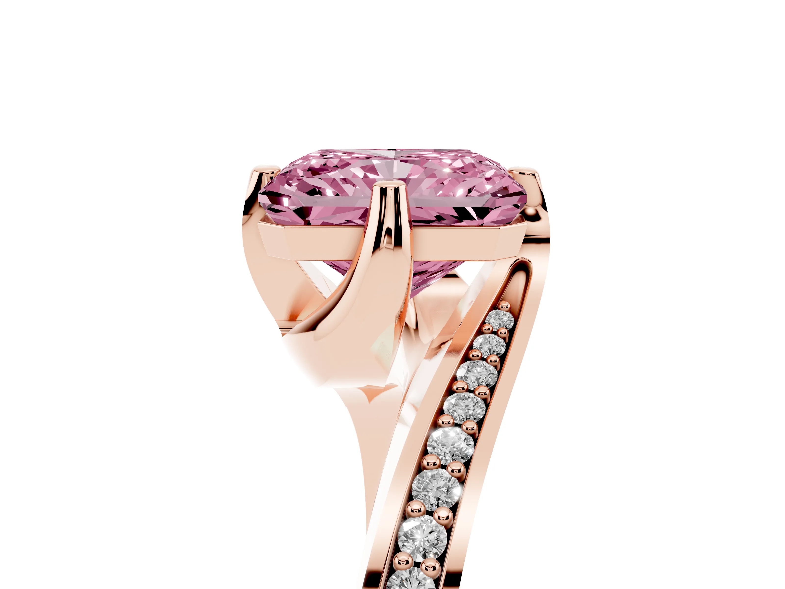 Fancy Pink Radiant Cut Diamond Solitaire Ring Set in Rose gold with Intertwined Pavé Twist Band