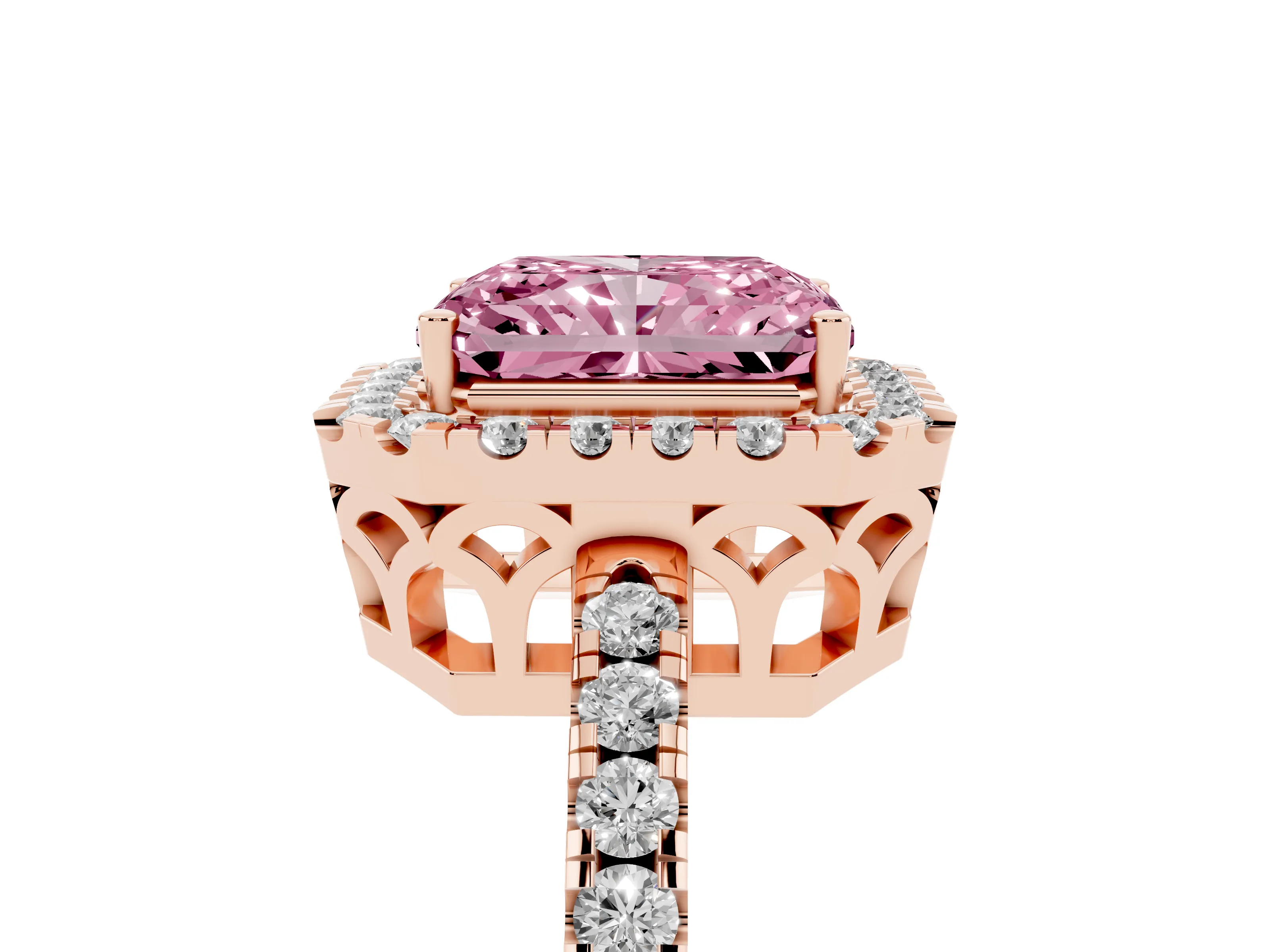 Fancy Pink Radiant Cut Diamond Pavé Band Halo Engagement Ring Set in Rose gold with Prong Setting