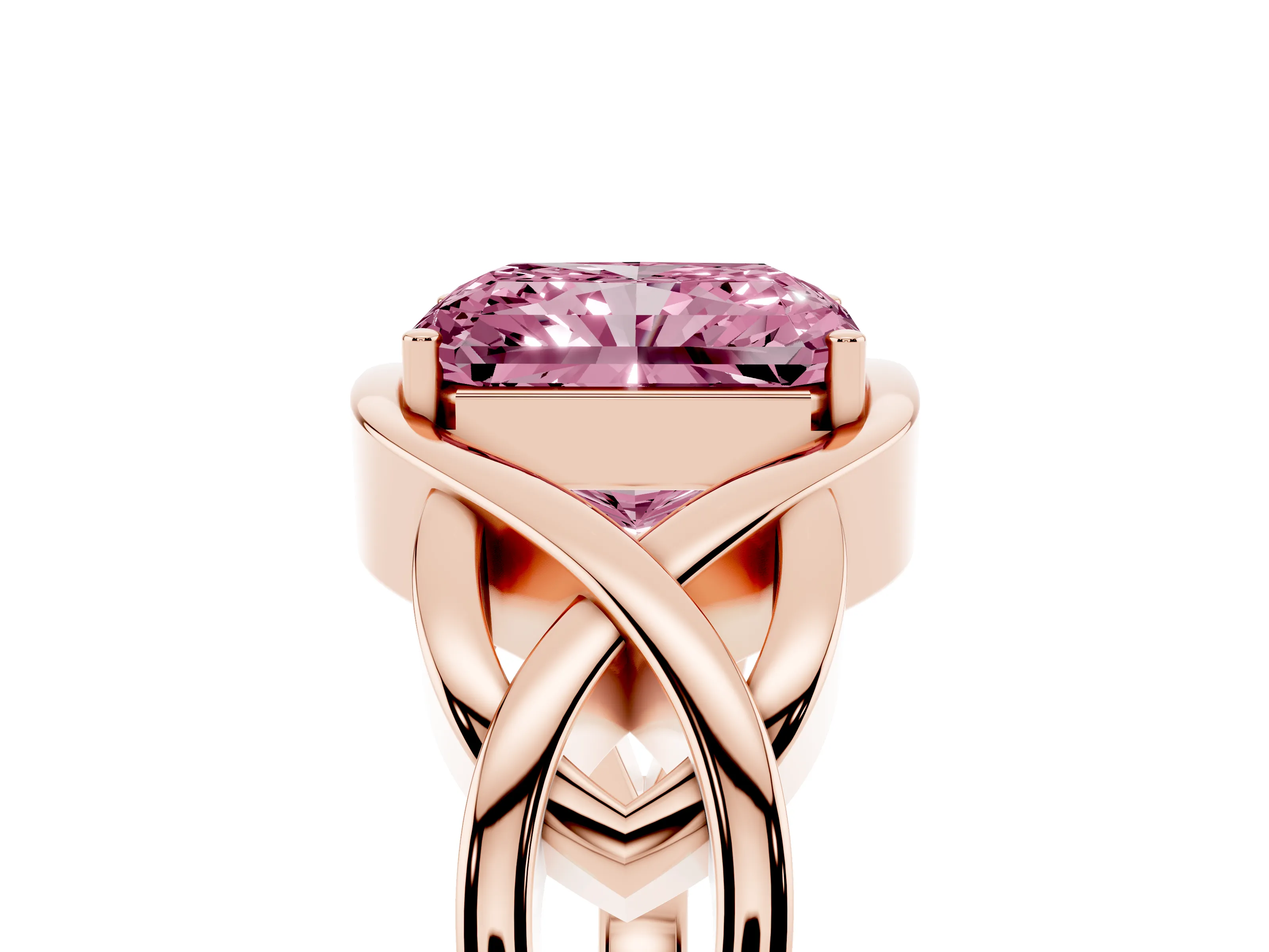 Fancy Pink Radiant Cut Diamond Solitaire Ring Set in Rose gold with Intertwined Band