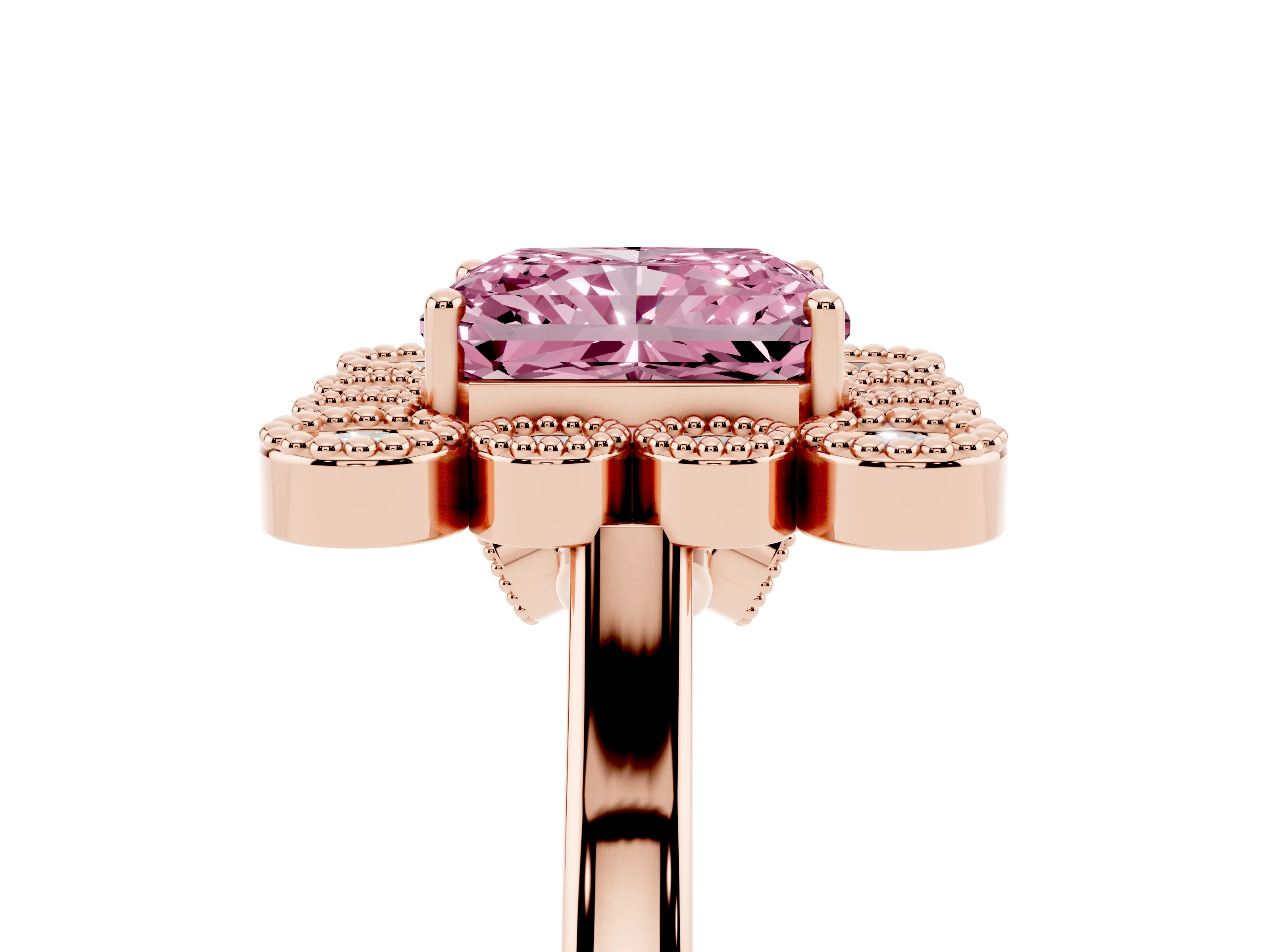 Fancy Pink Radiant Cut Diamond Cluster Halo Ring Set in Rose gold with Milgrain Bezel Accents and Plain Band