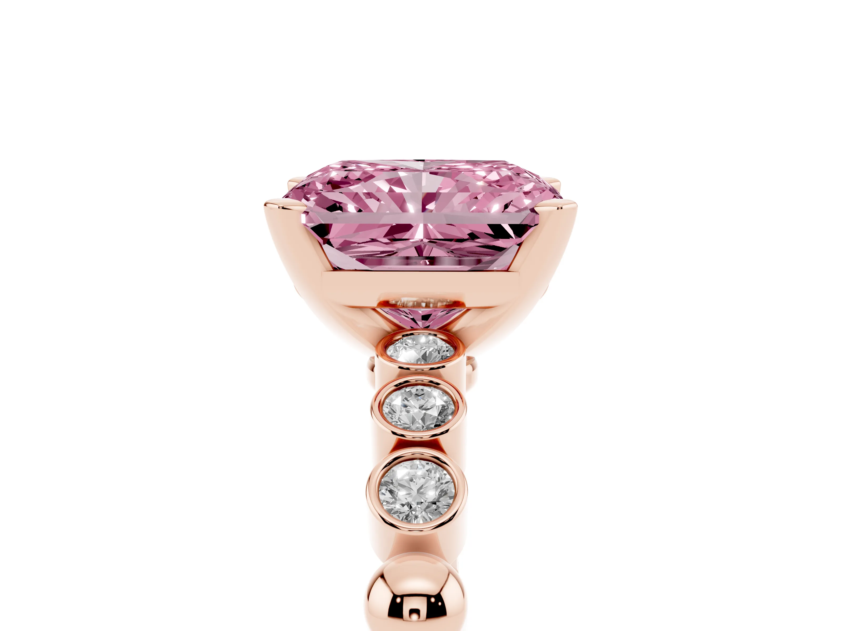 Fancy Pink Radiant Cut Diamond Solitaire Engagement Ring Set in Rose gold with Bezel Accents on Beaded Band
