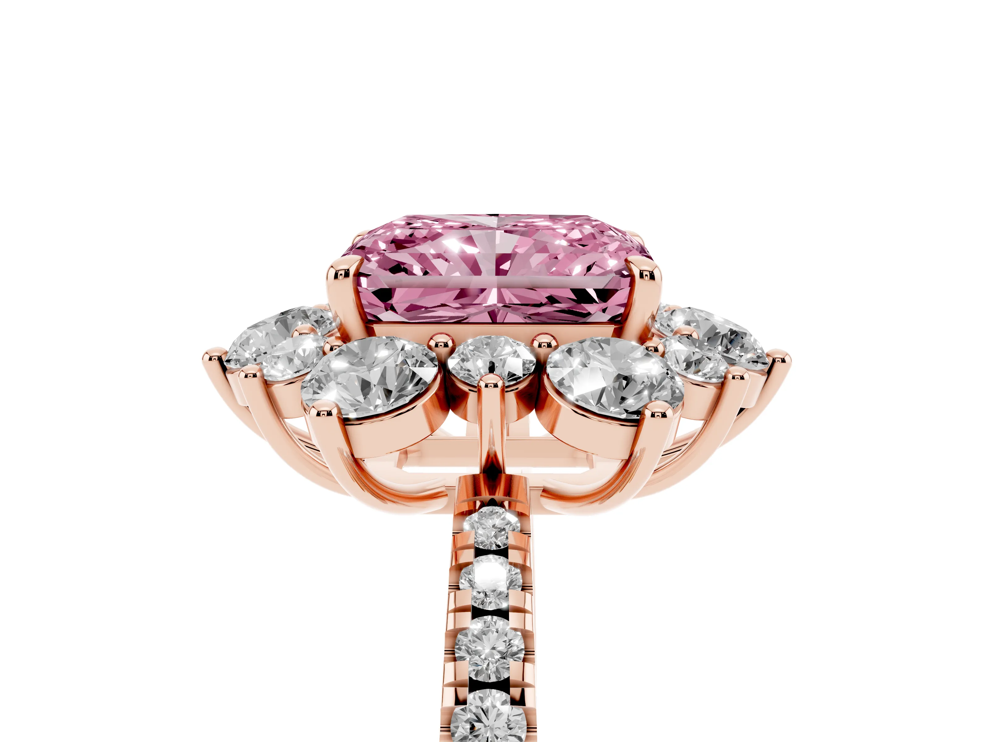 Fancy Pink Radiant Cut Diamond Floral Halo Ring Set in Rose gold with Round Pavé Band and Prong Setting