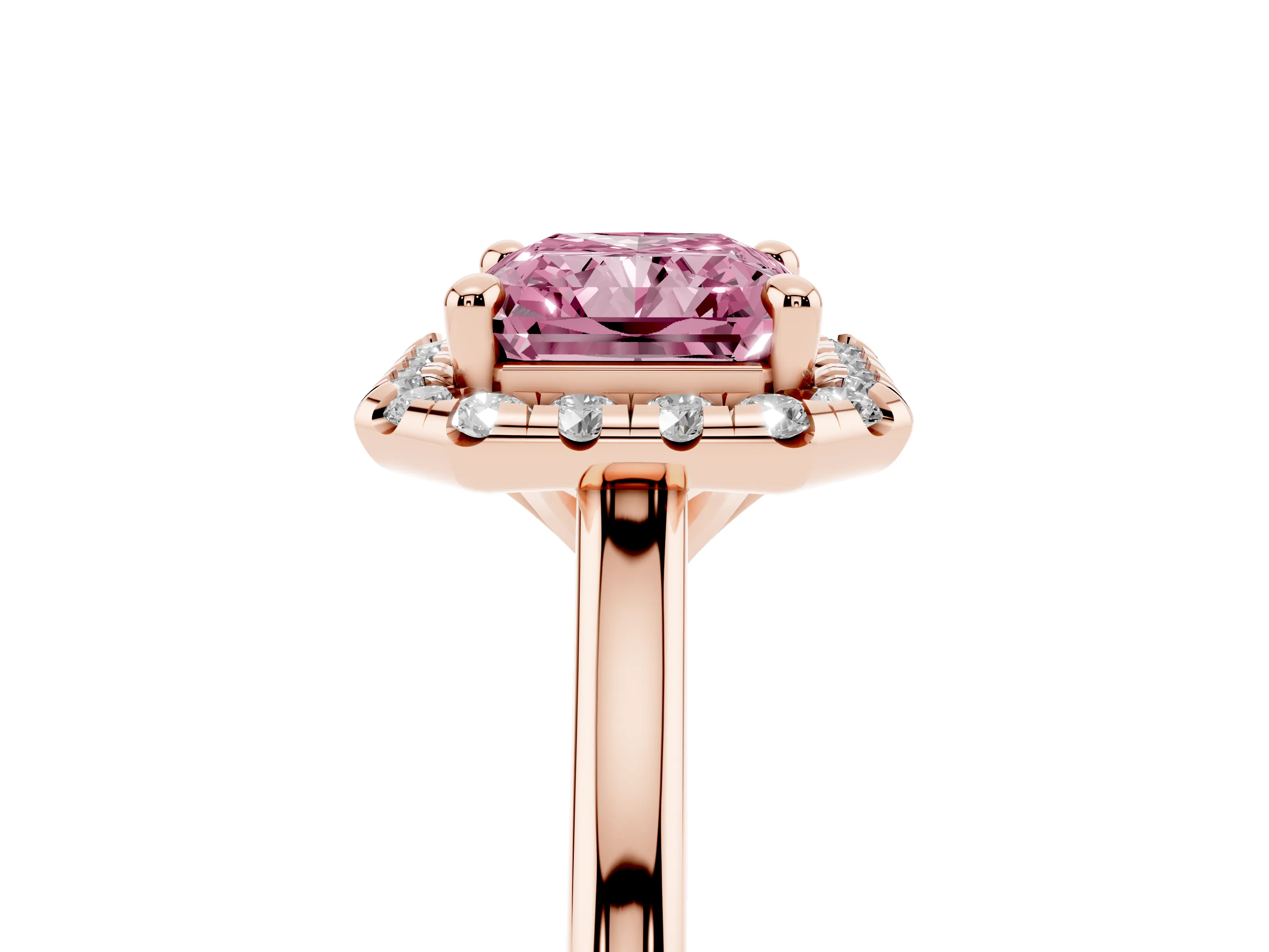 Fancy Pink Radiant Cut Diamond Halo Engagement Ring Set in Rose gold with Pavé Band and Rising Shoulders